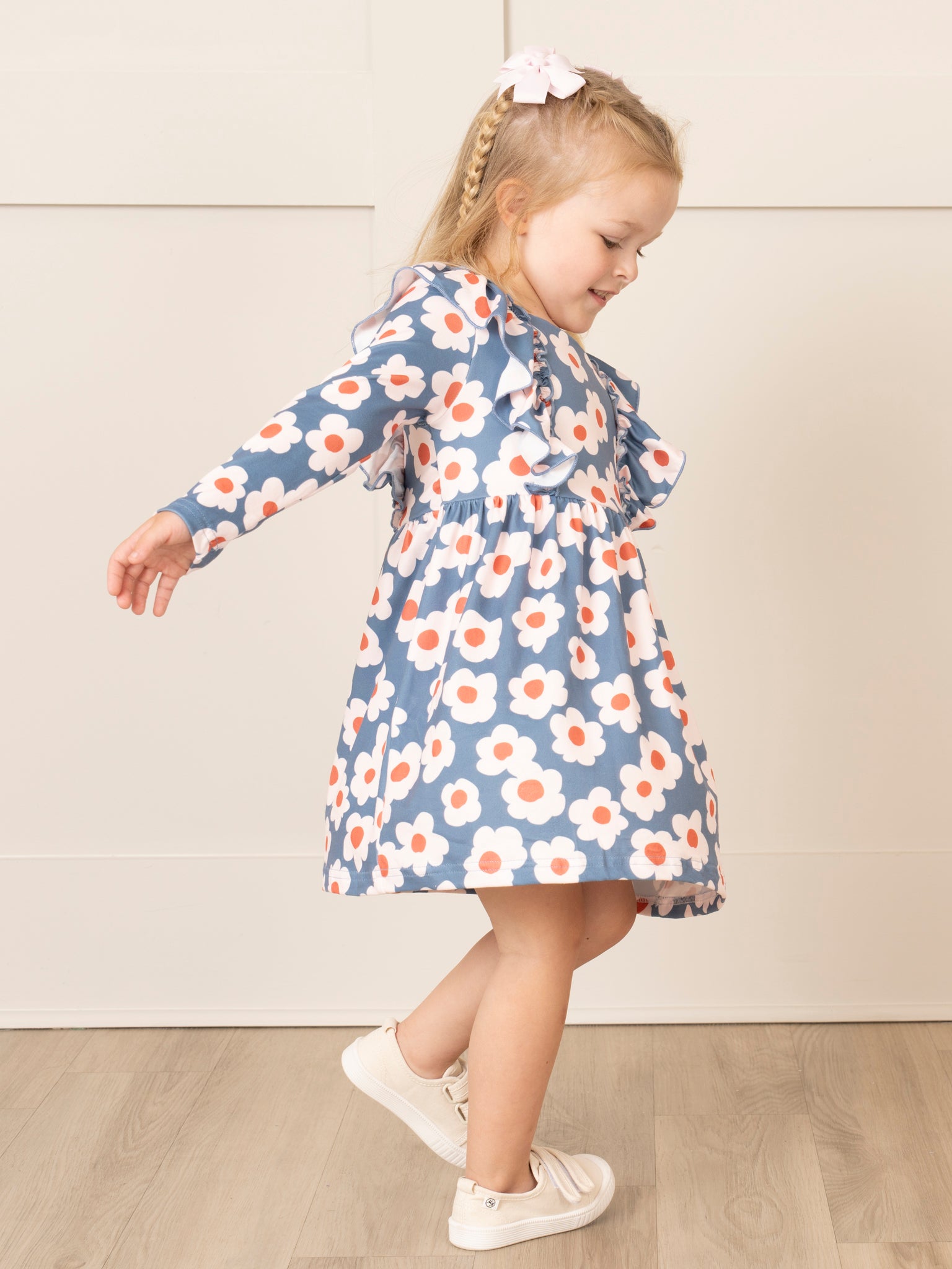 Soft Orange & Blue Daisy Ruffle Dress - Marie Nicole Clothing