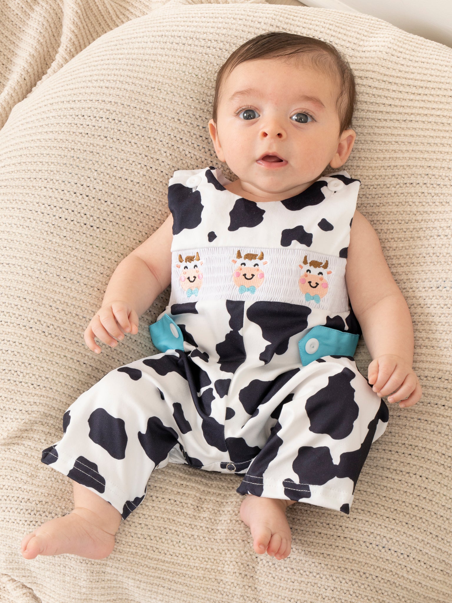 Black & White Smocked Cow Print Johnny - Marie Nicole Clothing