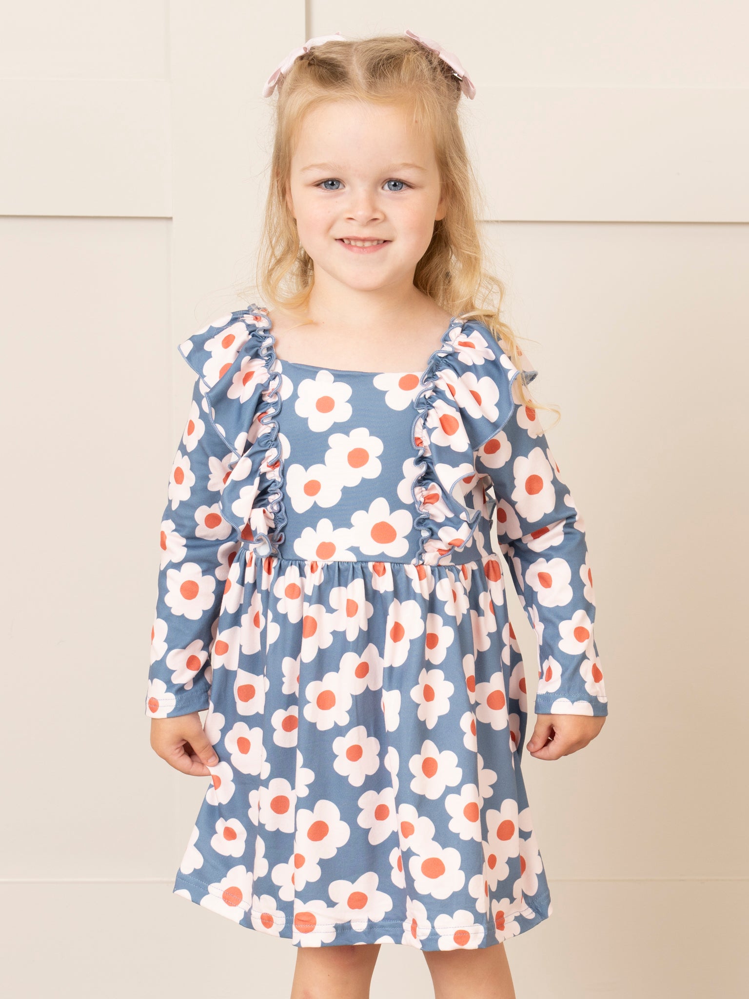 Soft Orange & Blue Daisy Ruffle Dress - Marie Nicole Clothing