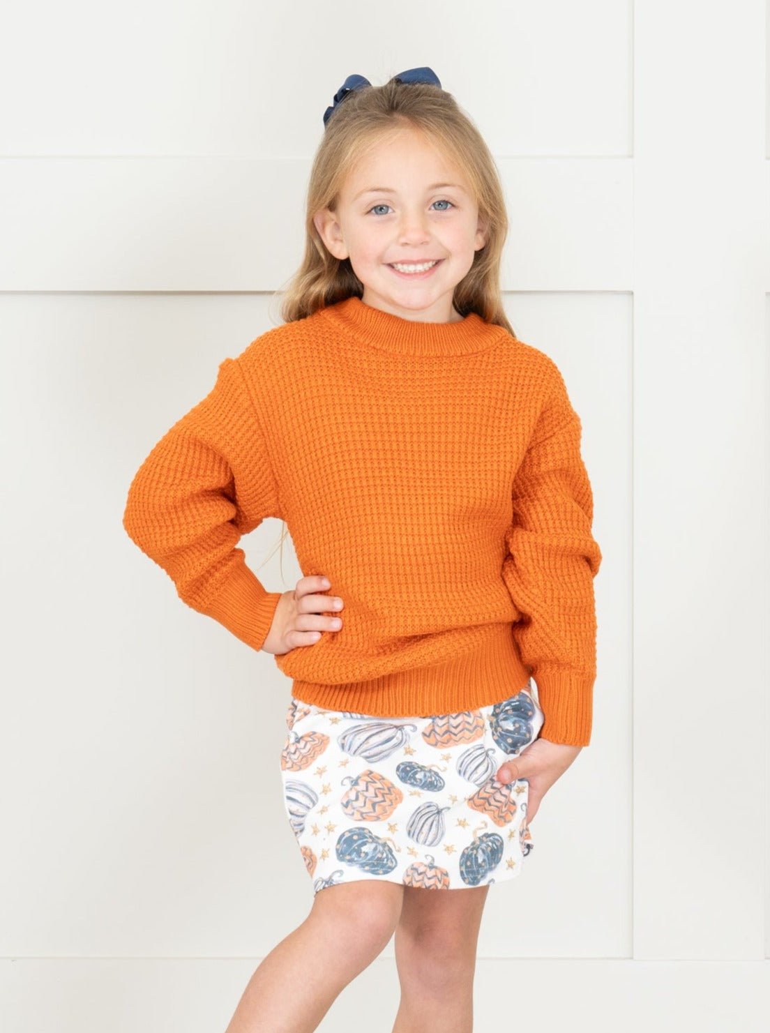 Orange Waffle Knit Sweater & Pumpkin Skirt Outfit - Marie Nicole Clothing