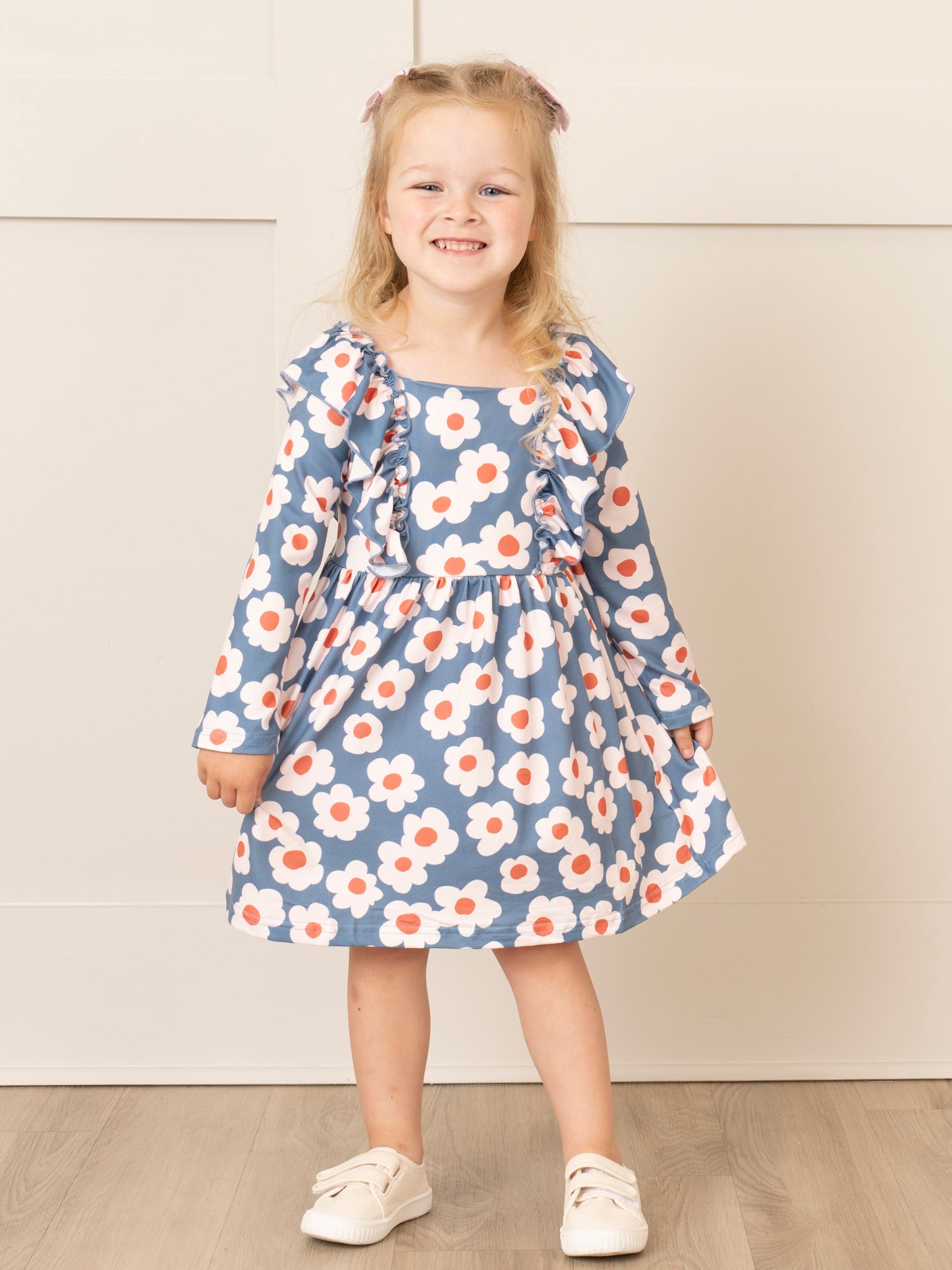 Soft Orange & Blue Daisy Ruffle Dress - Marie Nicole Clothing
