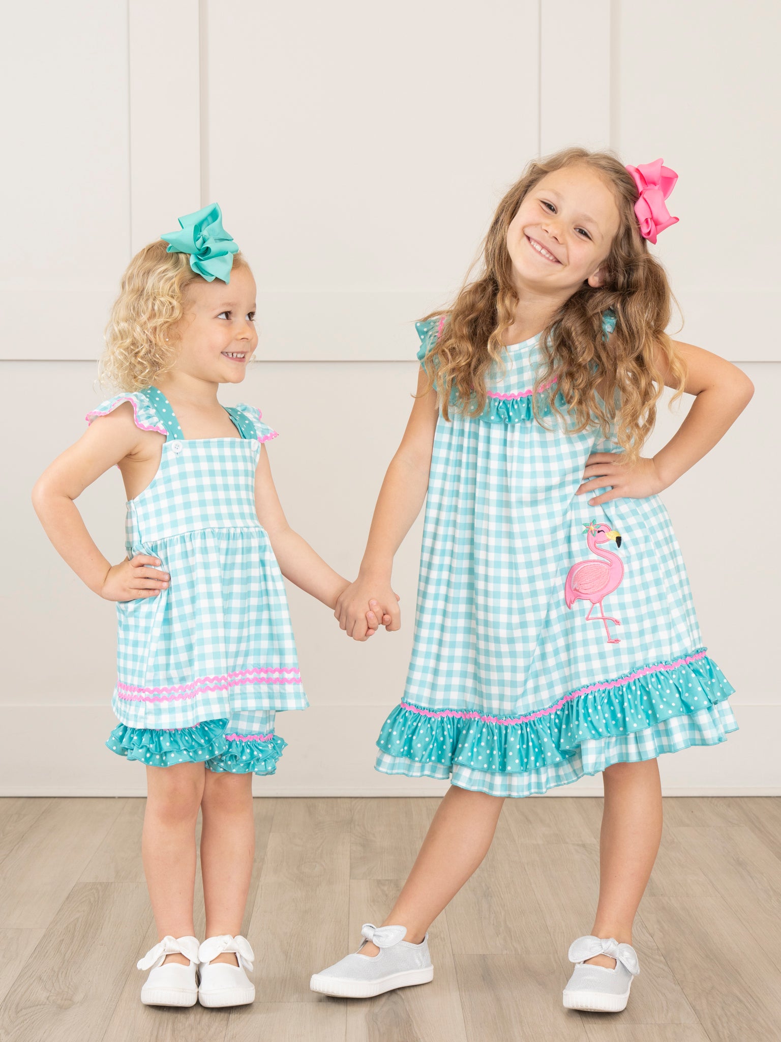 Gingham Embroidered Flamingo Party Ruffle Dress - Marie Nicole Clothing
