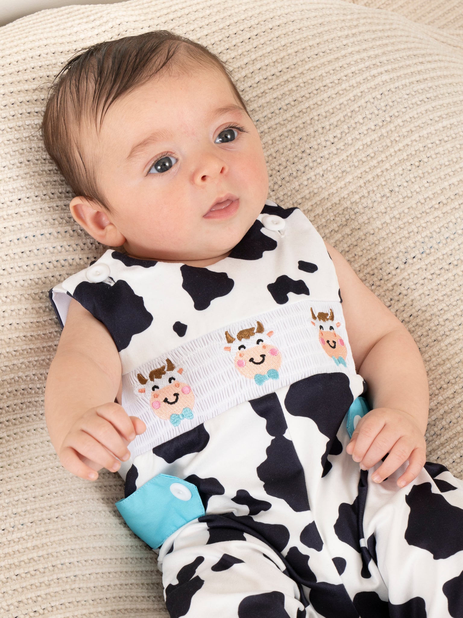 Black & White Smocked Cow Print Johnny - Marie Nicole Clothing