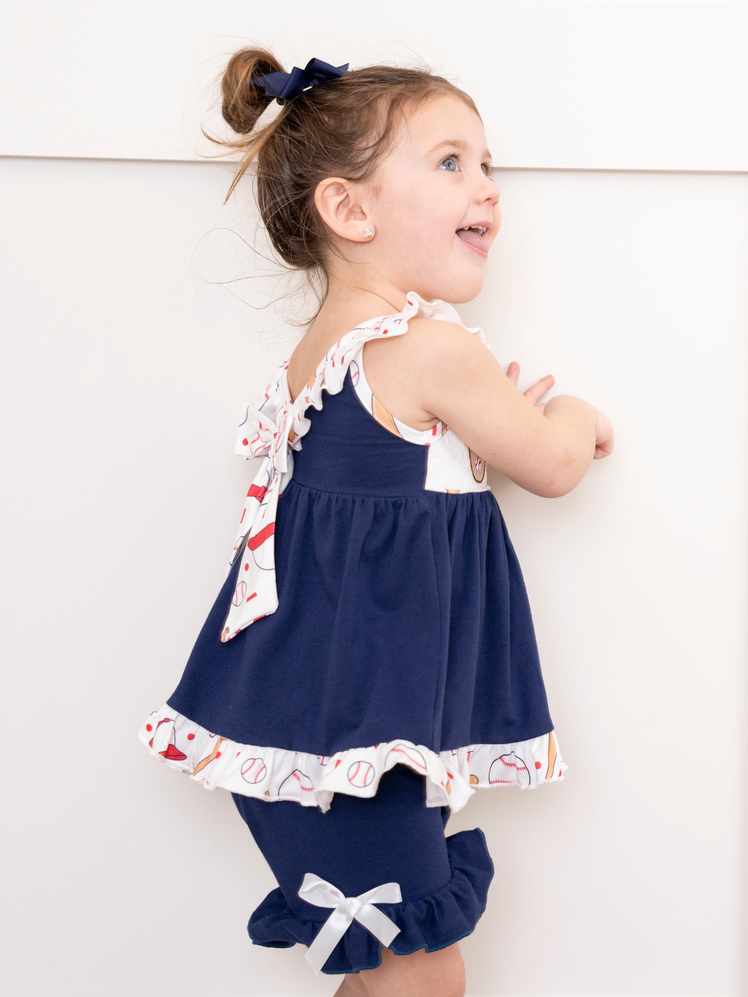 Navy & White Smocked Baseball Ruffle Outfit - Marie Nicole Clothing