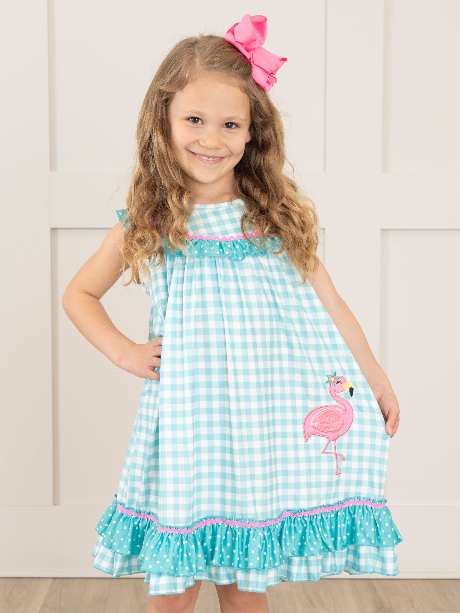 Gingham Embroidered Flamingo Party Ruffle Dress - Marie Nicole Clothing