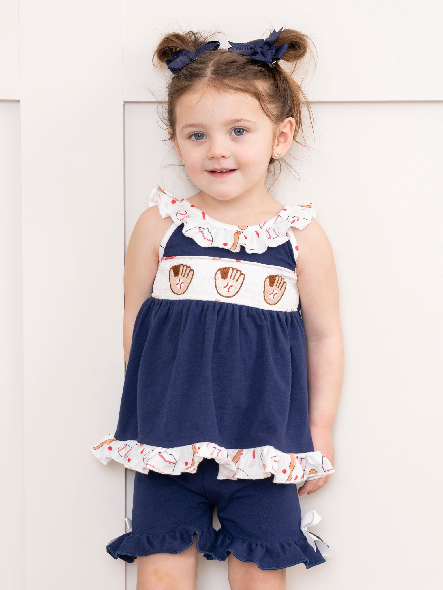 Navy & White Smocked Baseball Ruffle Outfit - Marie Nicole Clothing