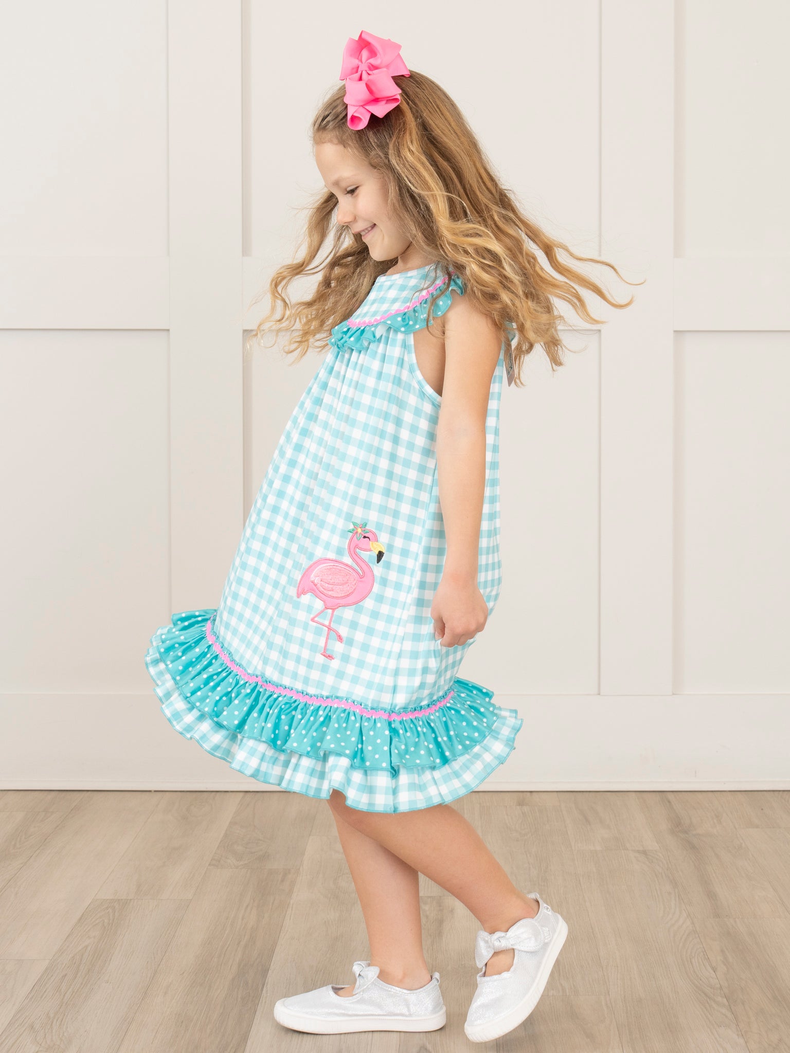 Gingham Embroidered Flamingo Party Ruffle Dress - Marie Nicole Clothing