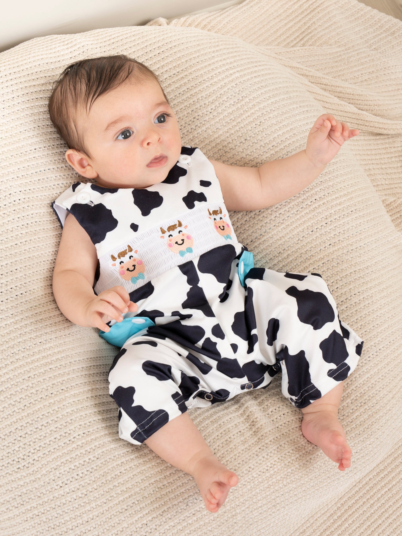 Black & White Smocked Cow Print Johnny - Marie Nicole Clothing