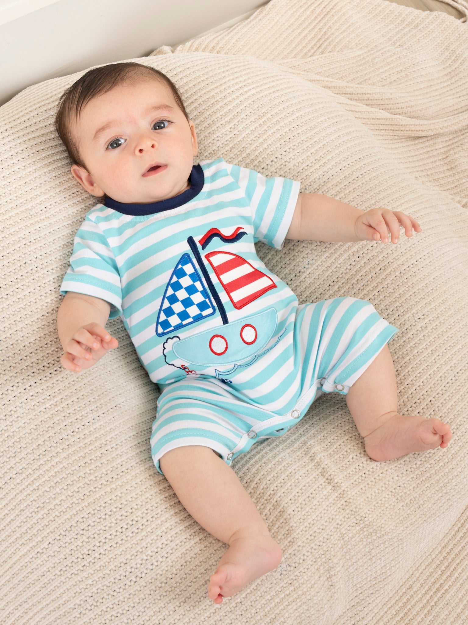 Teal Stripes Sailboat Romper - Marie Nicole Clothing