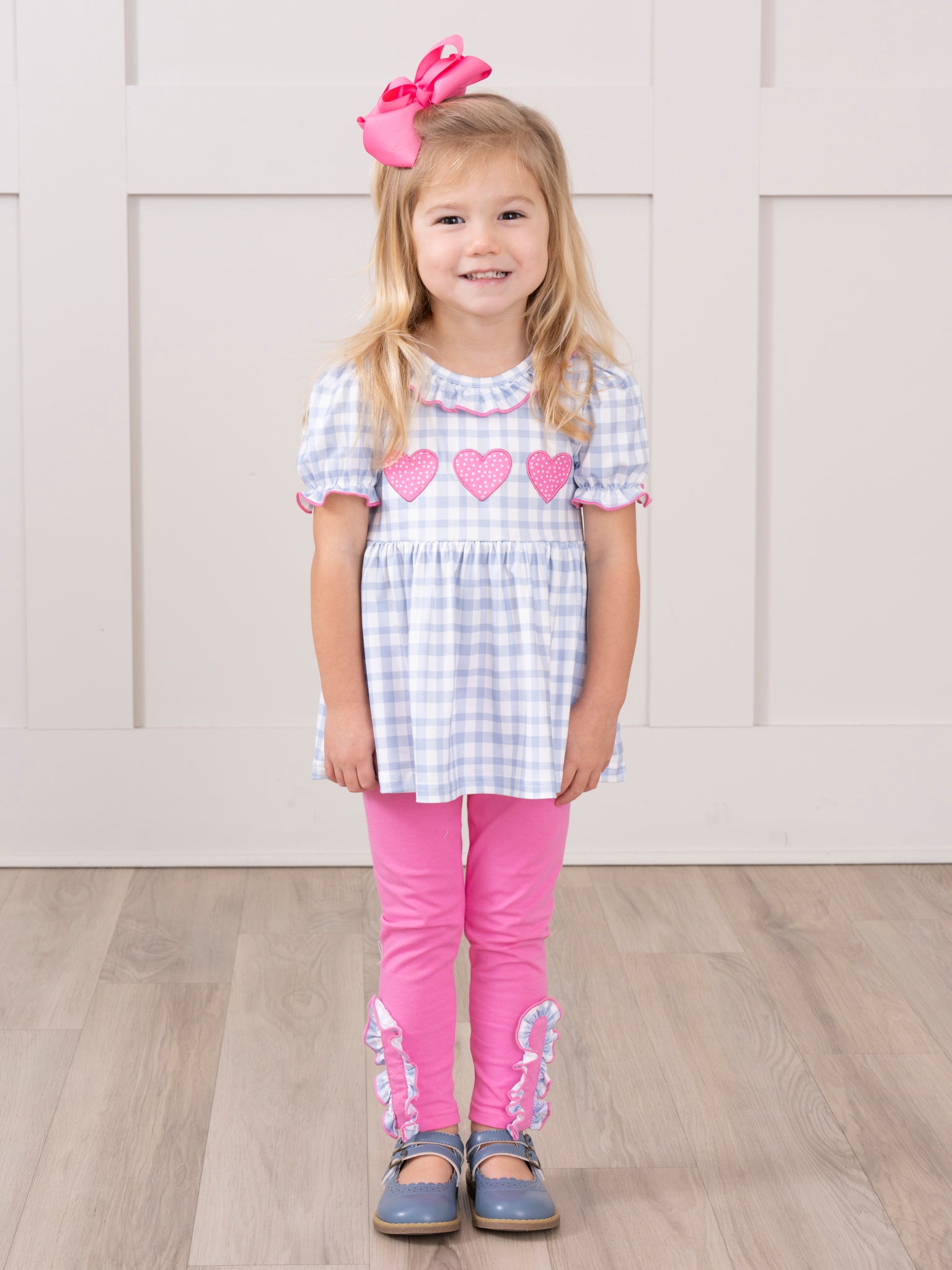 Blue Gingham Embroidered Hearts Ruffle Outfit - Marie Nicole Clothing