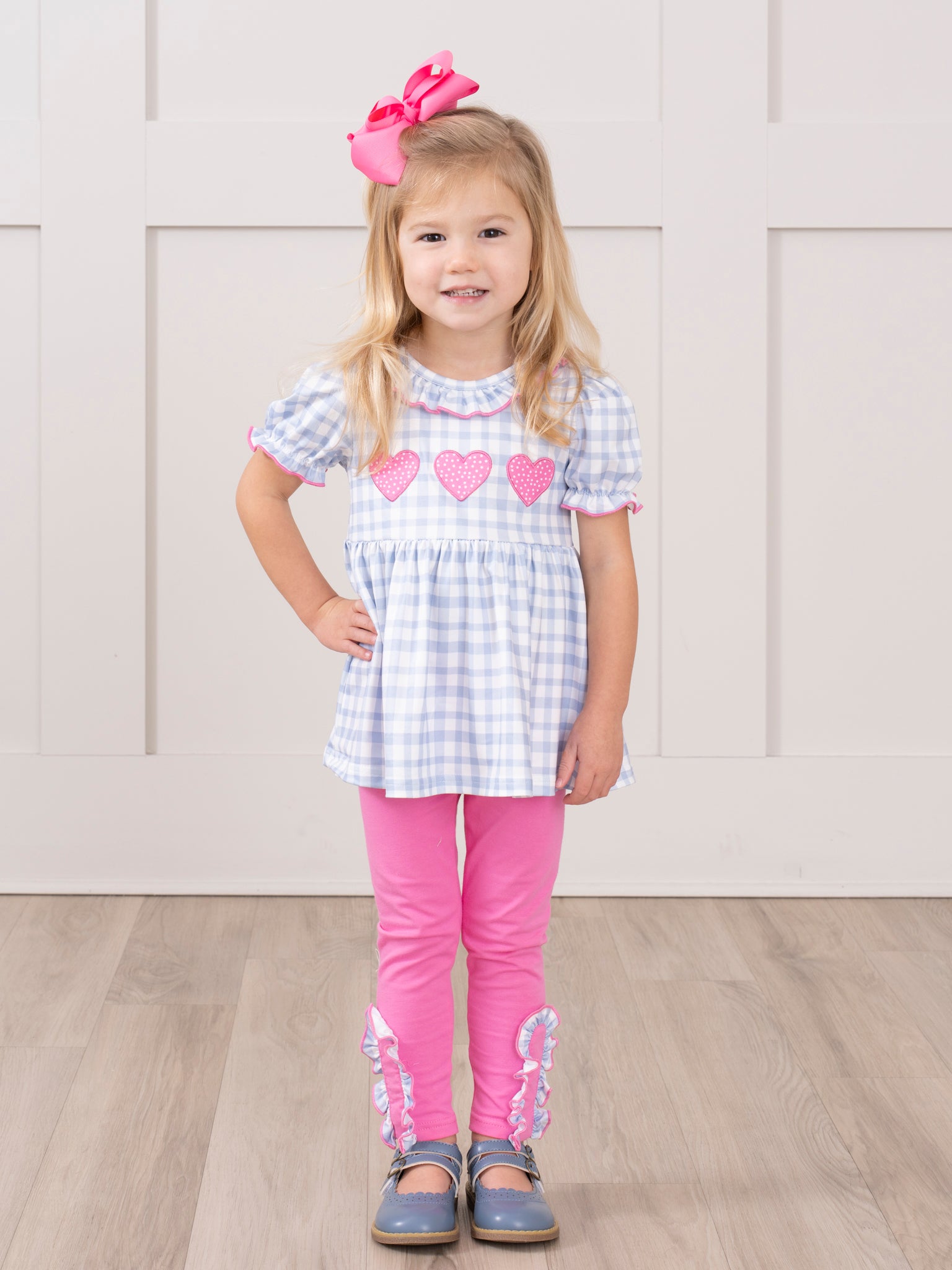 Blue Gingham Embroidered Hearts Ruffle Outfit - Marie Nicole Clothing