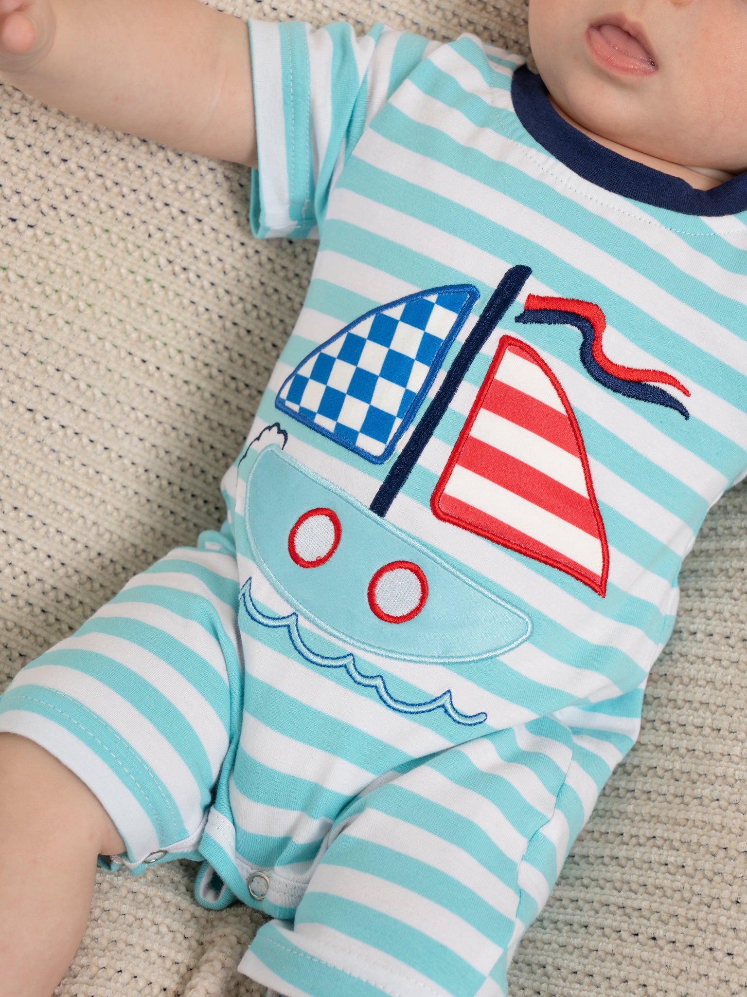 Teal Stripes Sailboat Romper - Marie Nicole Clothing