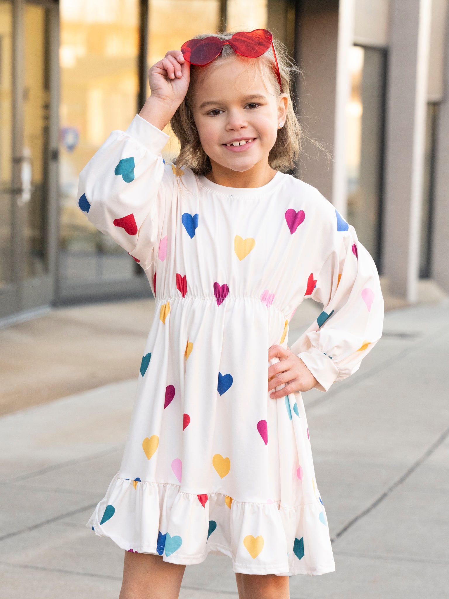 White Rainbow Hearts Ruffle Dress - Marie Nicole Clothing