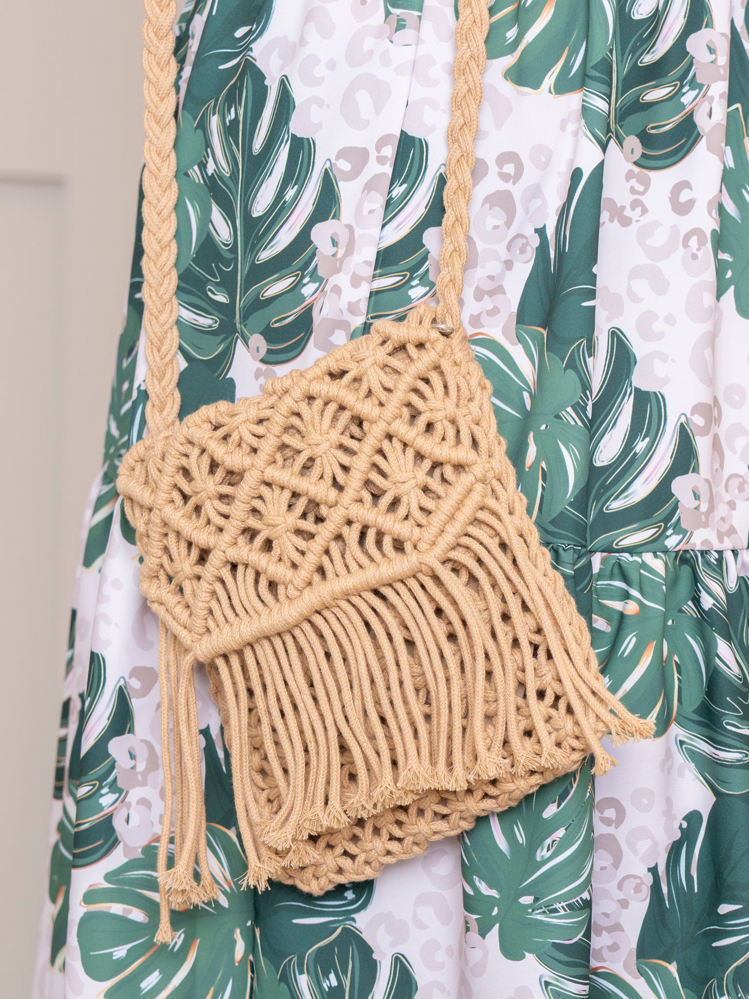Tan Fringe Woven Crossbody Purse - Marie Nicole Clothing