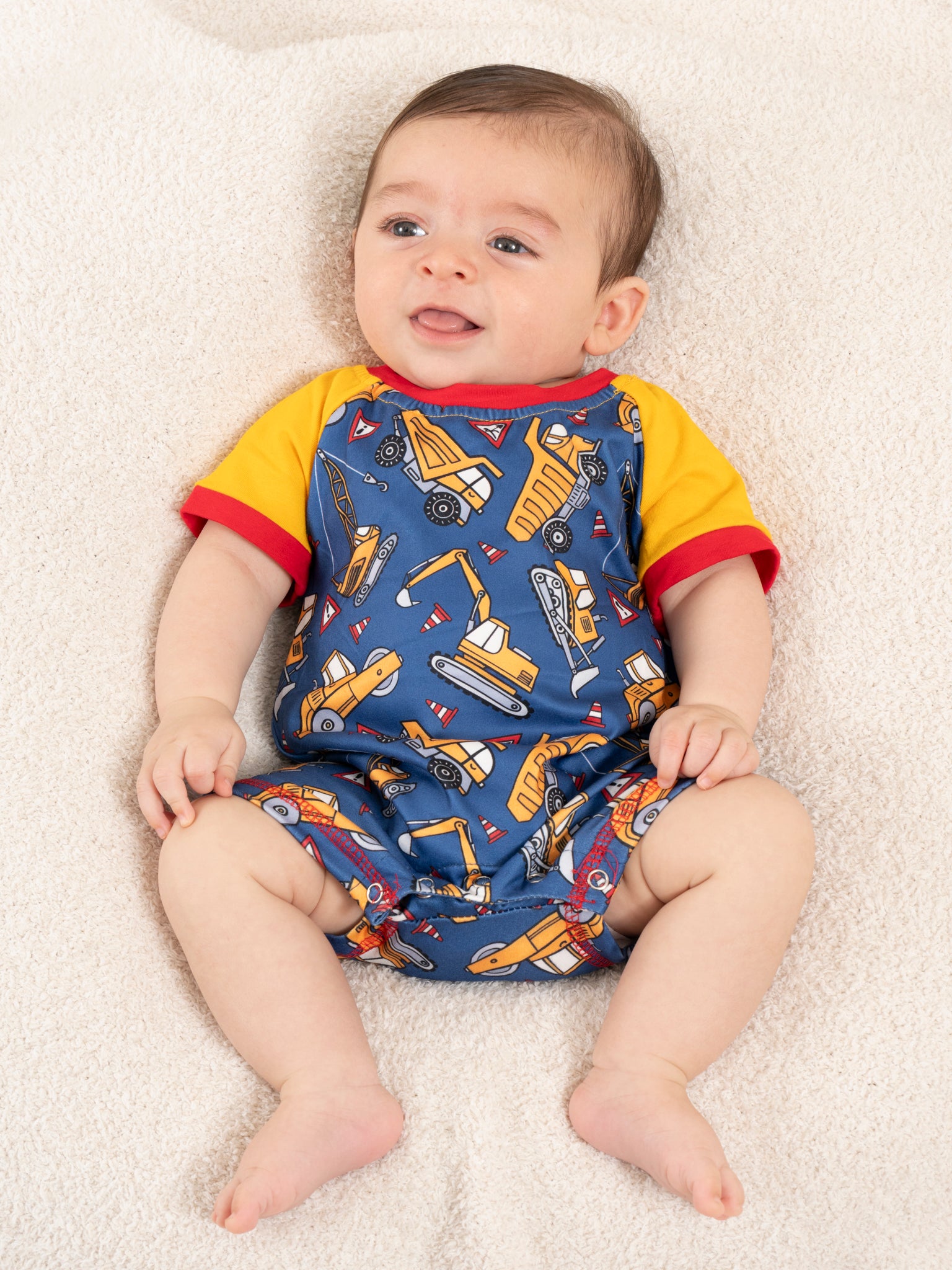 Blue & Yellow Construction Romper - Marie Nicole Clothing