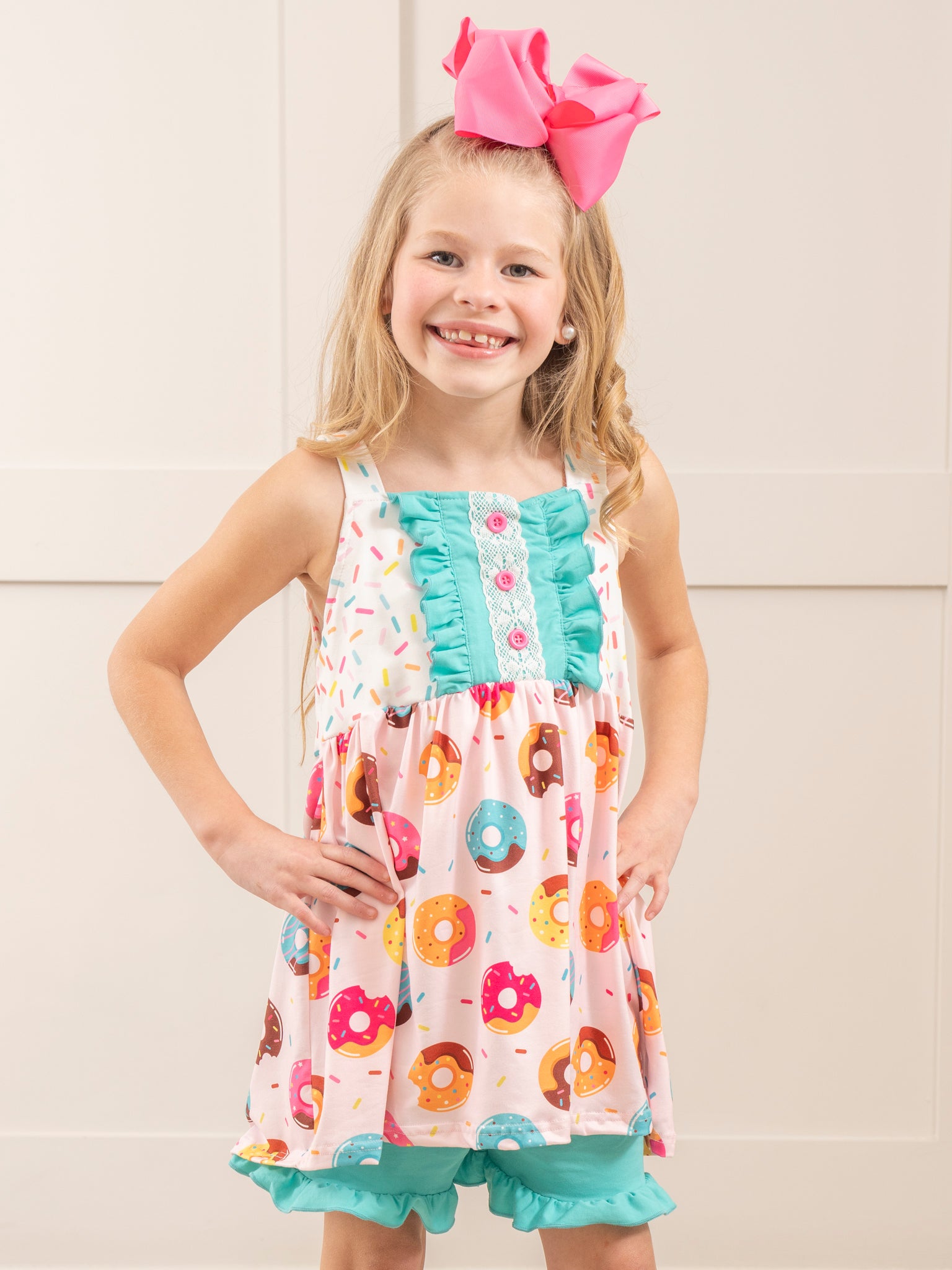 Pink & Turquoise Sprinkle Donuts Ruffle Outfit - Marie Nicole Clothing