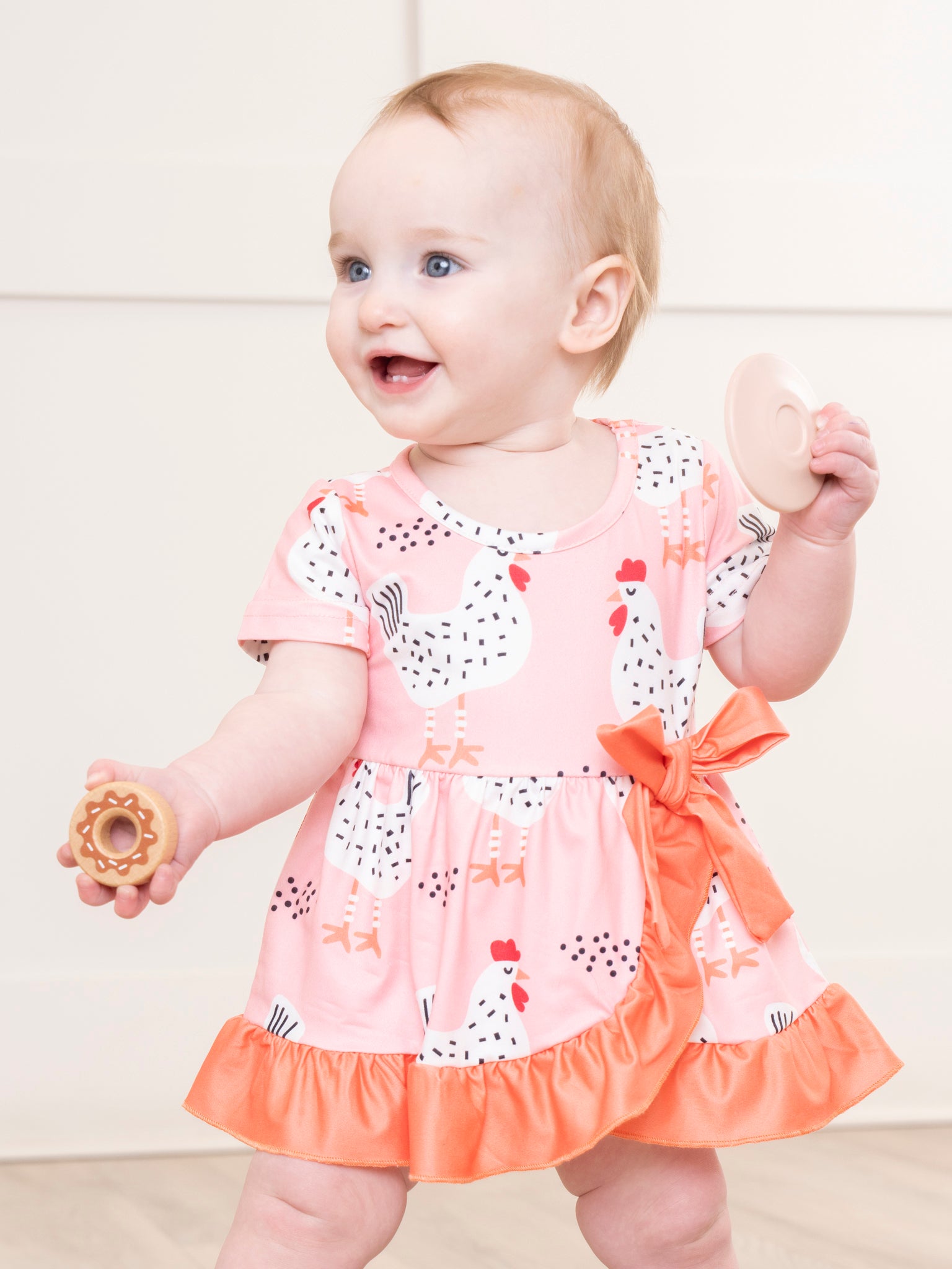 Pink & Orange Chickens Wrap Ruffle Bubble Romper - Marie Nicole Clothing