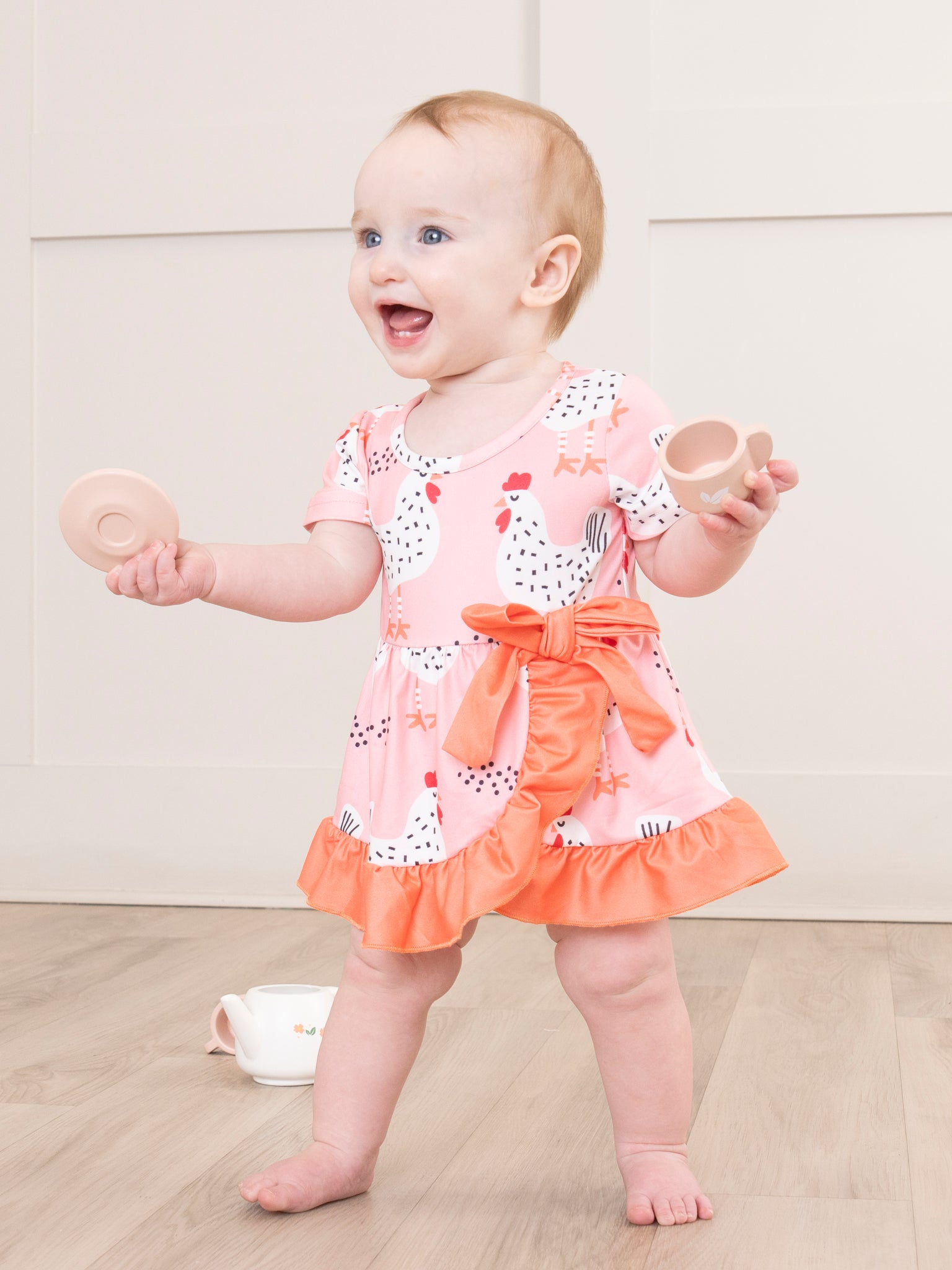Pink & Orange Chickens Wrap Ruffle Bubble Romper - Marie Nicole Clothing