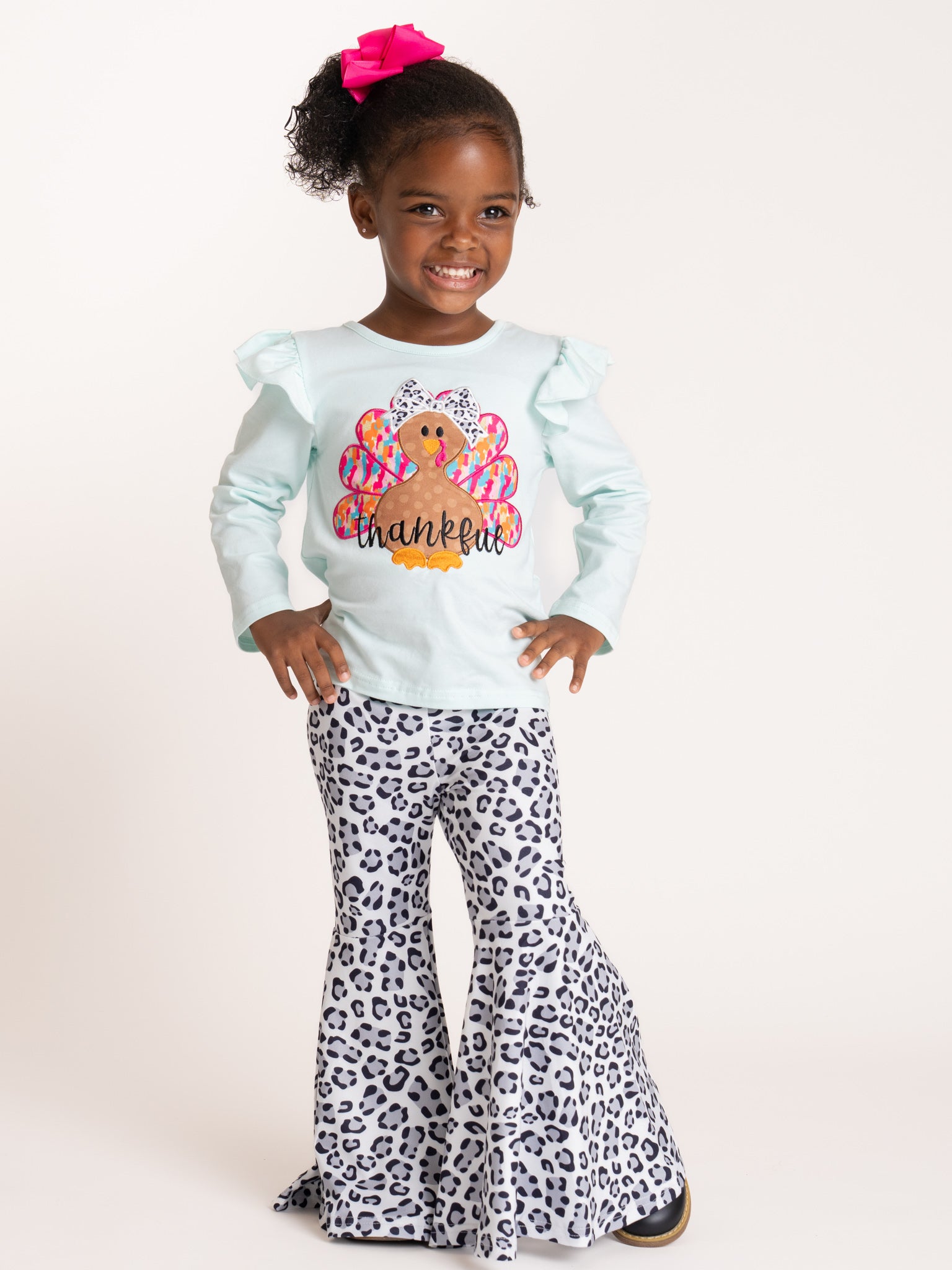 "Thankful" Embroidered Leopard Bell Bottom Outfit - Marie Nicole Clothing