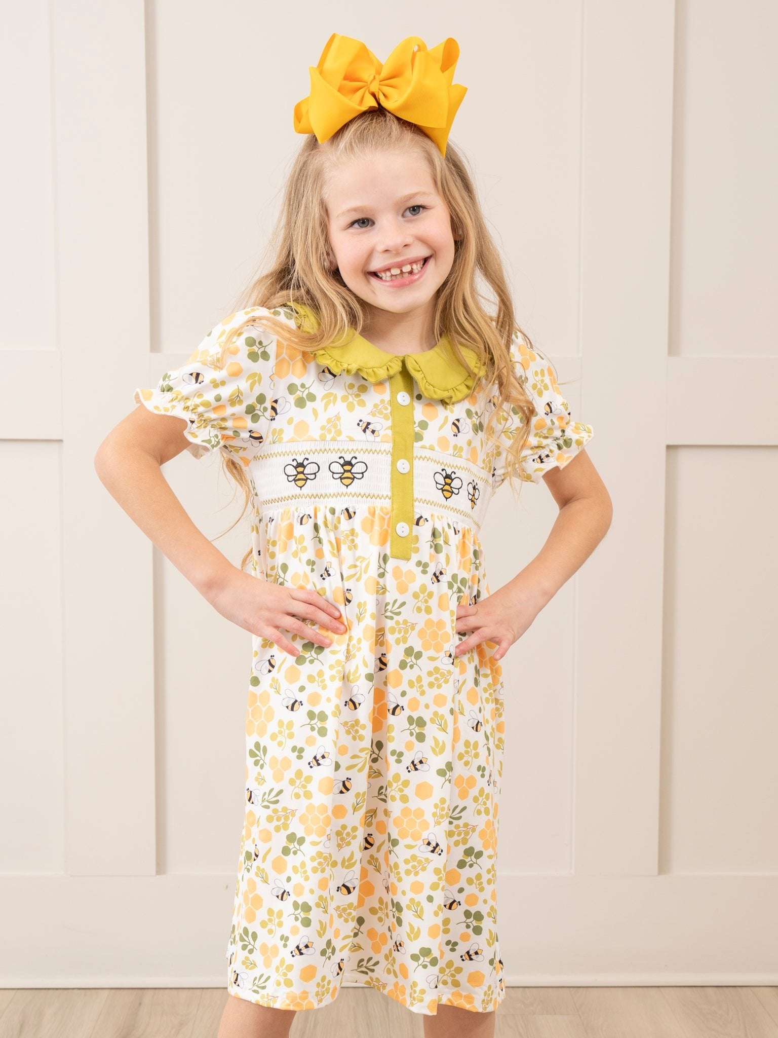 Green Smocked Honeycomb Ruffle Dress - Marie Nicole Clothing