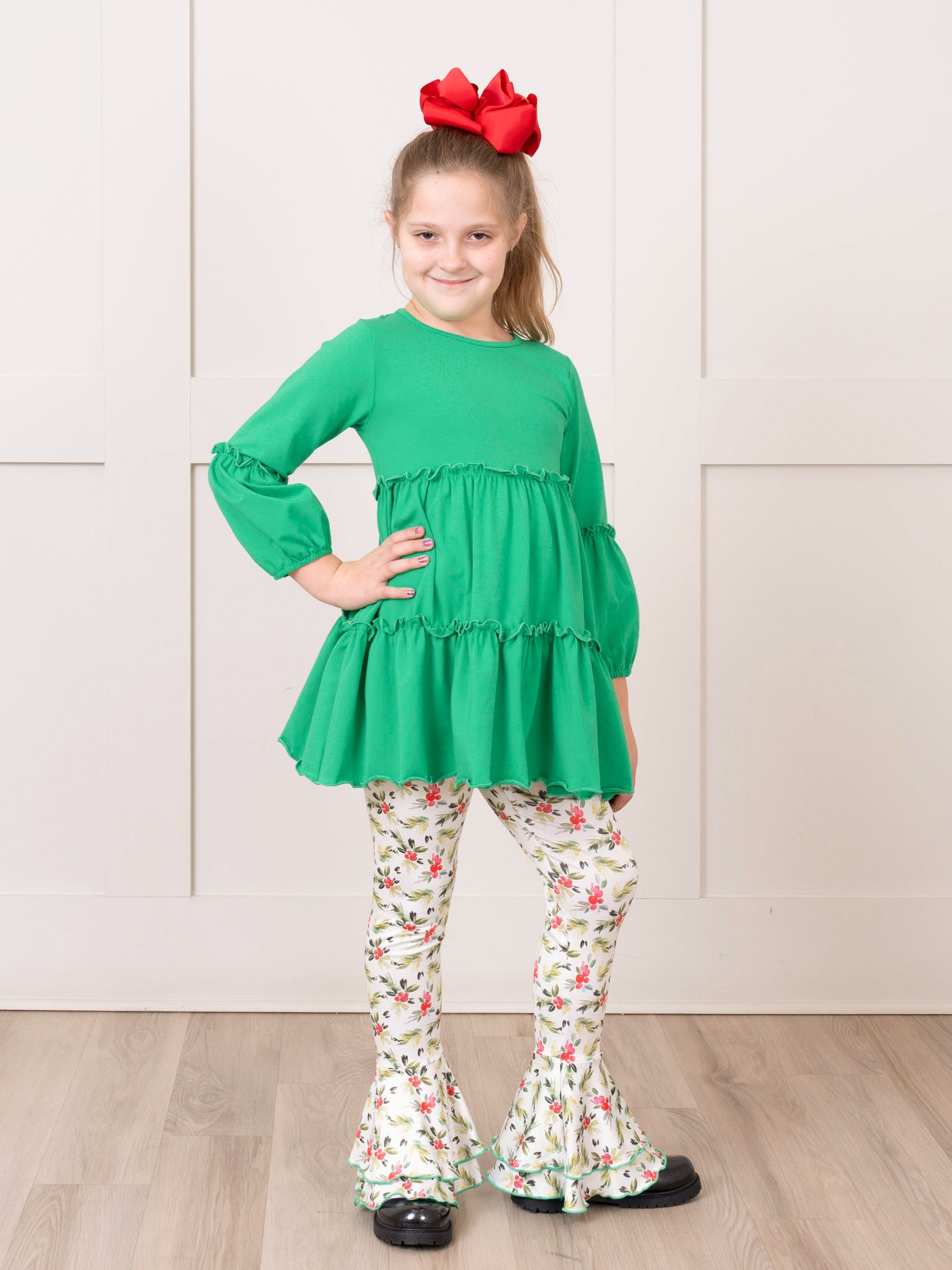 Green Holiday Berries Ruffle Bell Bottom Outfit - Marie Nicole Clothing