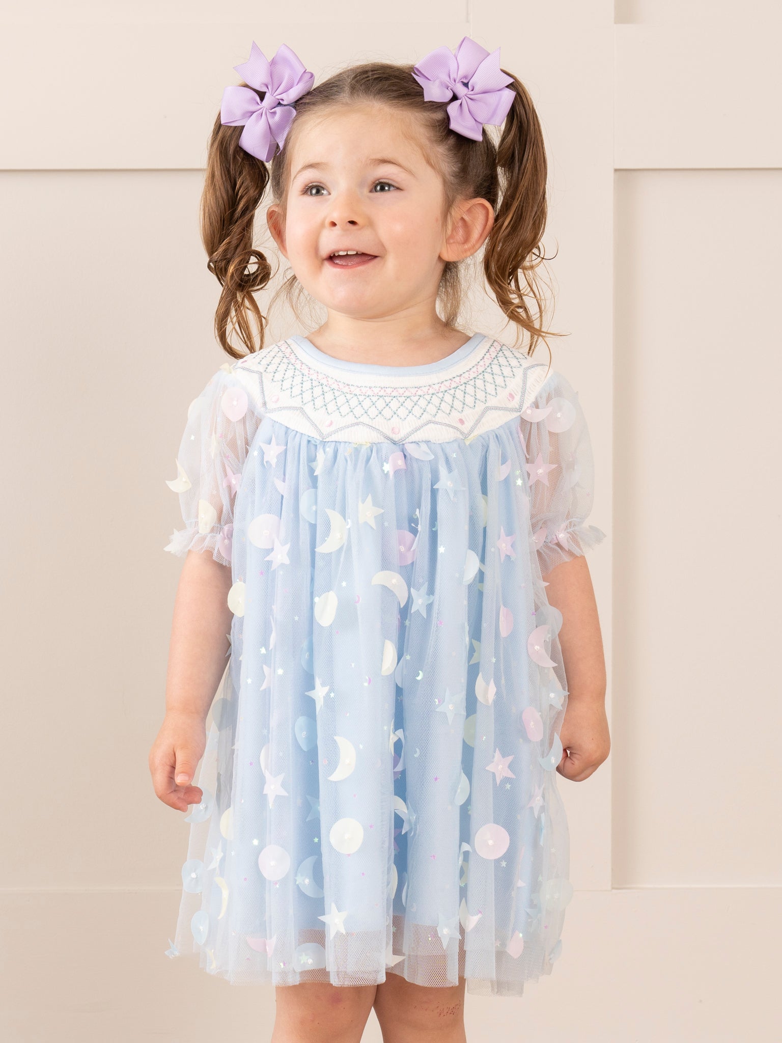 Blue Smocked Garden Blooms Tulle Overlay Dress - Marie Nicole Clothing