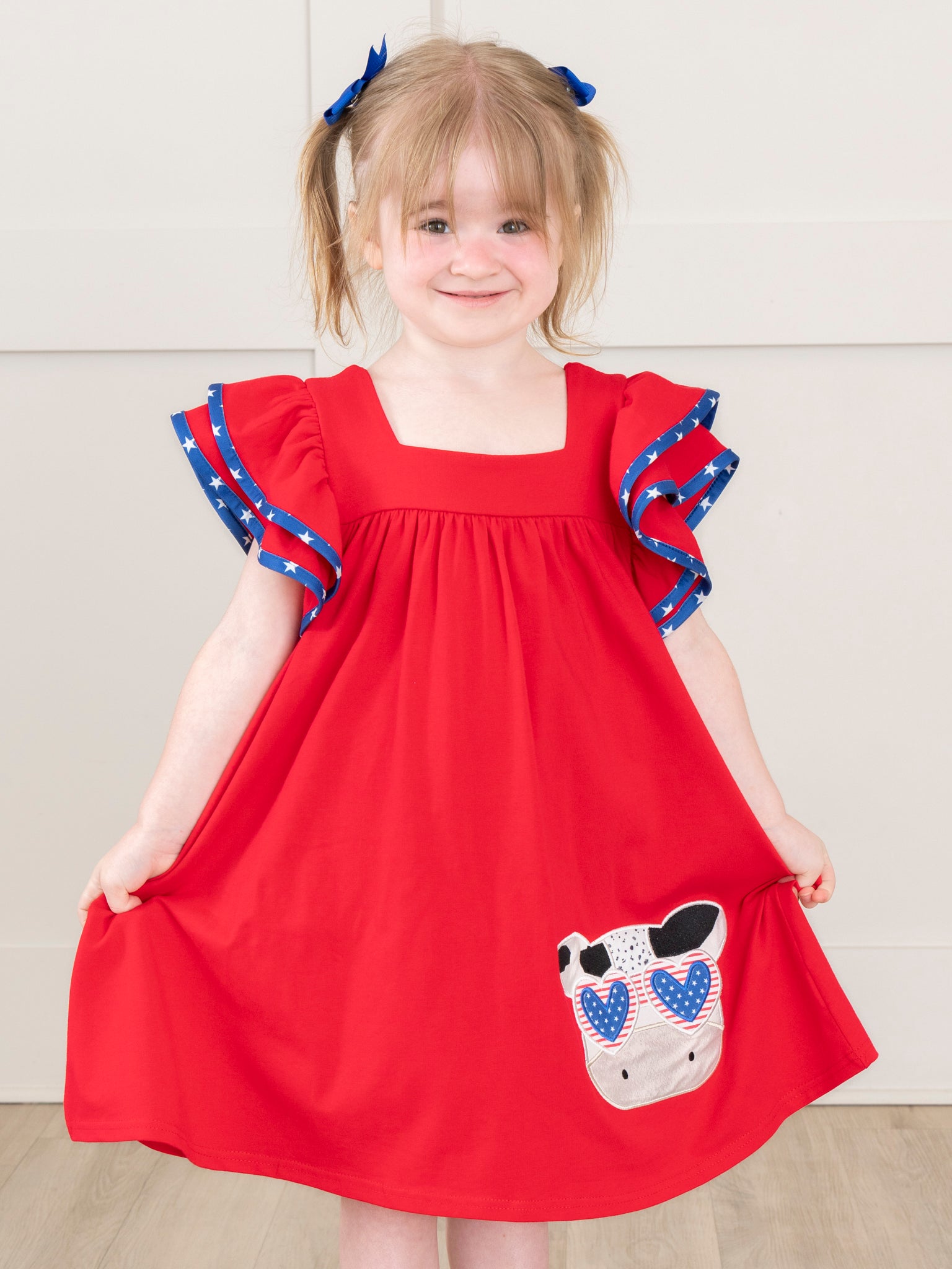 Cool Patriotic Cow Embroidered Ruffle Dress - Marie Nicole Clothing