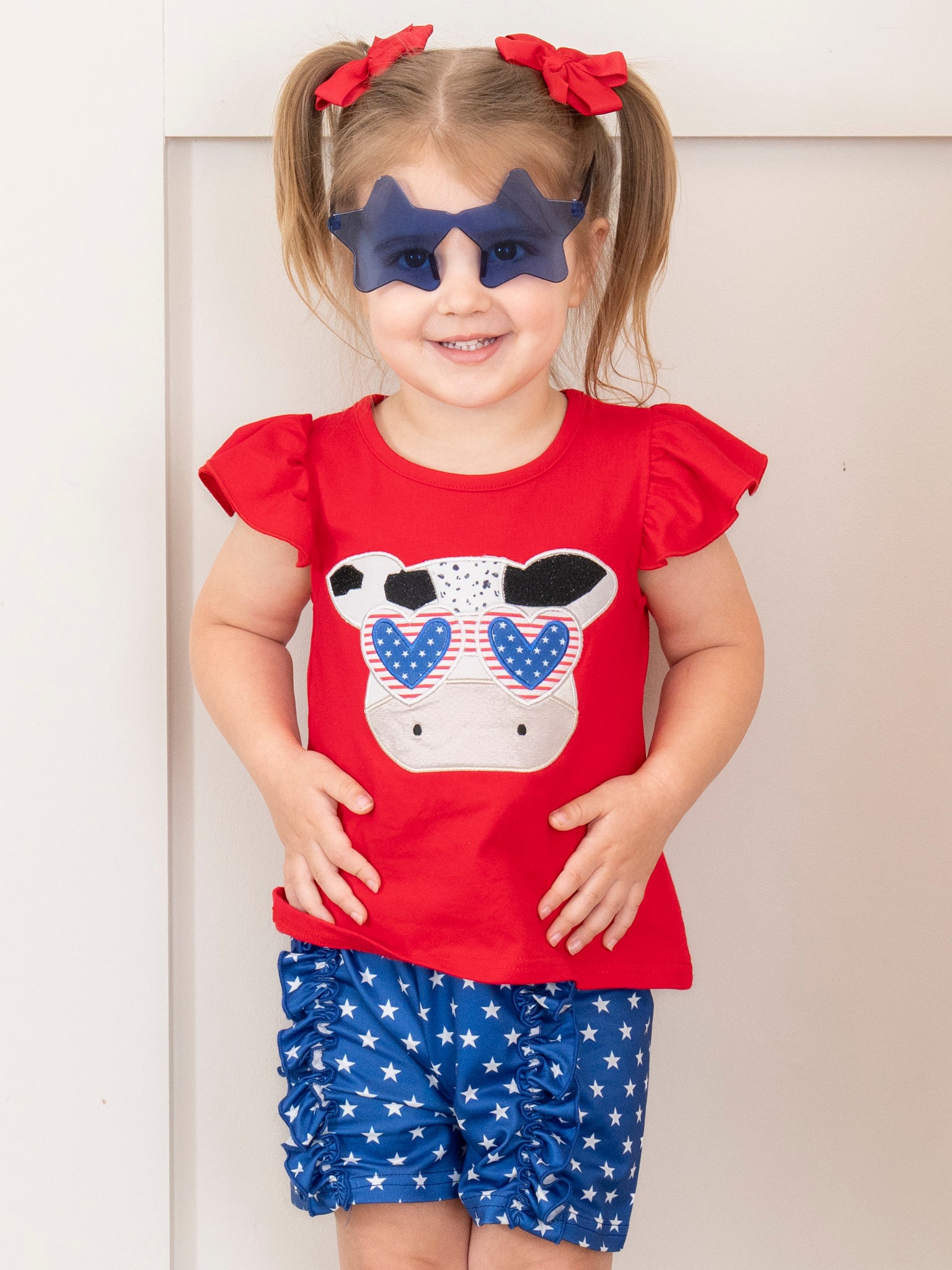 Cool Patriotic Cow Embroidered Ruffle Outfit - Marie Nicole Clothing