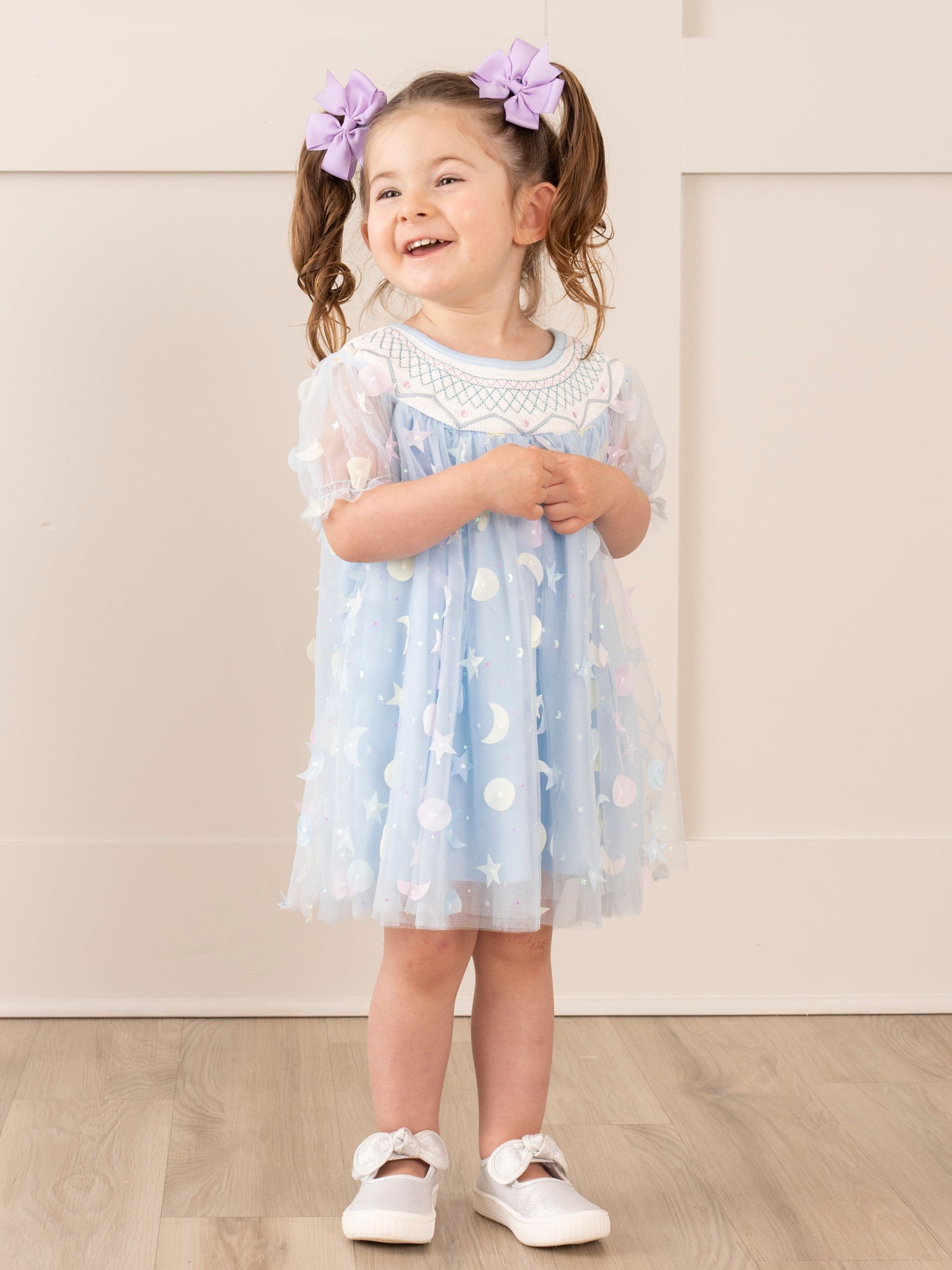 Blue Smocked Garden Blooms Tulle Overlay Dress - Marie Nicole Clothing