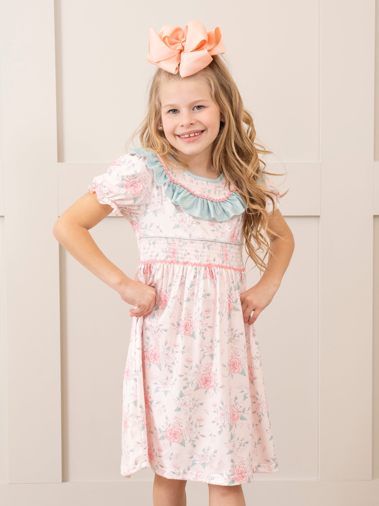 Teal & Rose Bouquets Smocked Ruffle Dress - Marie Nicole Clothing