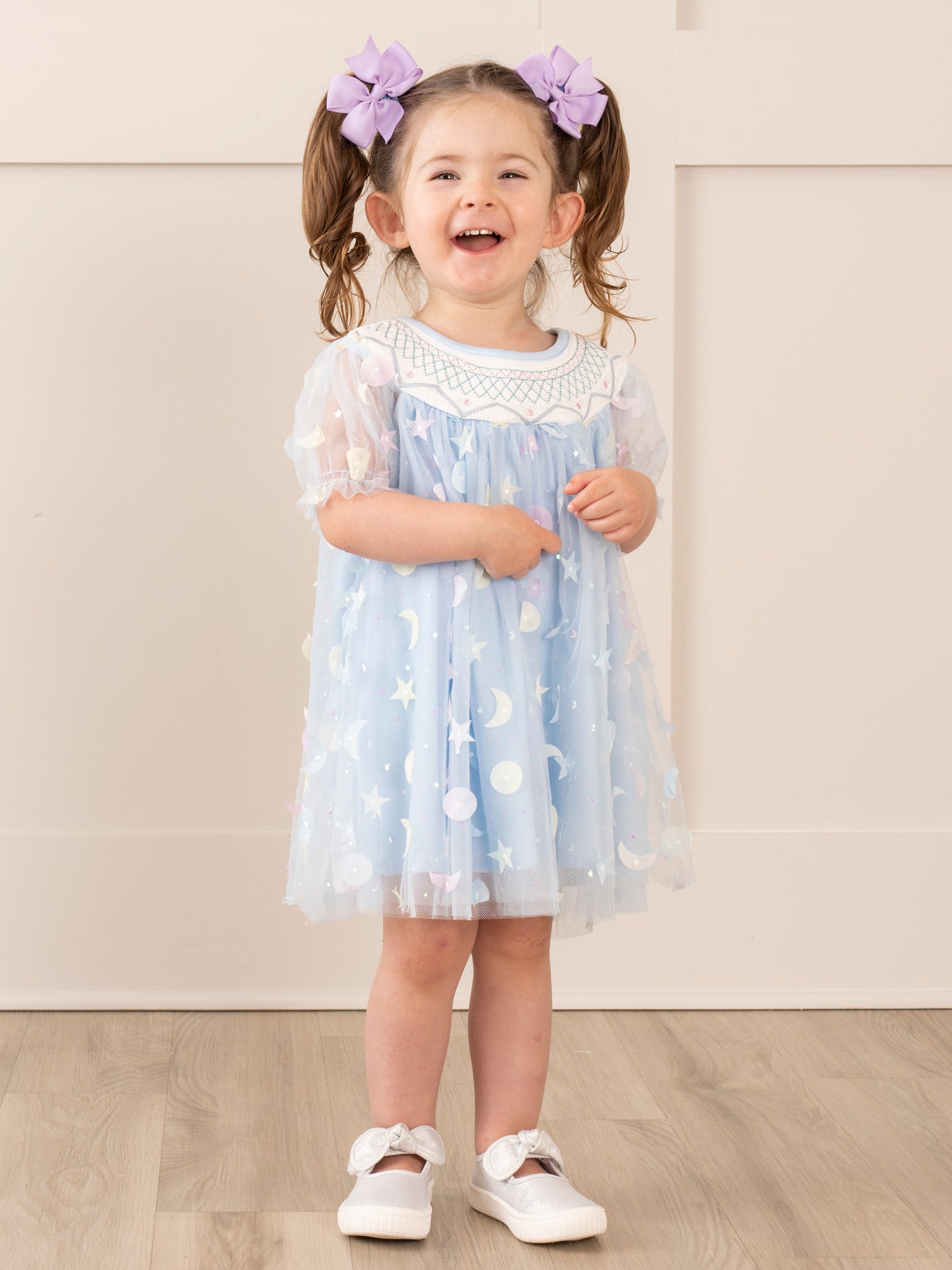 Blue Smocked Garden Blooms Tulle Overlay Dress - Marie Nicole Clothing