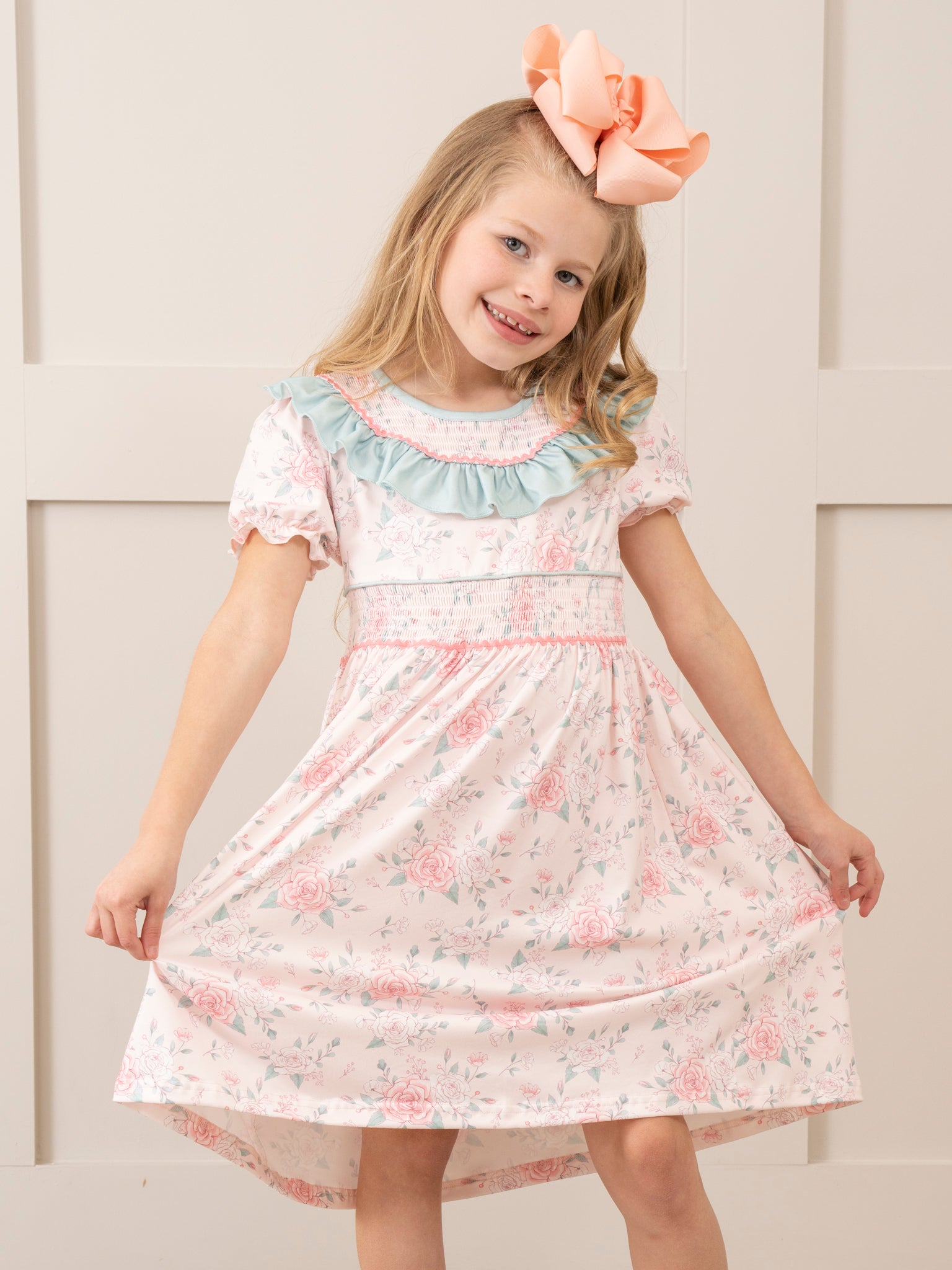 Teal & Rose Bouquets Smocked Ruffle Dress - Marie Nicole Clothing