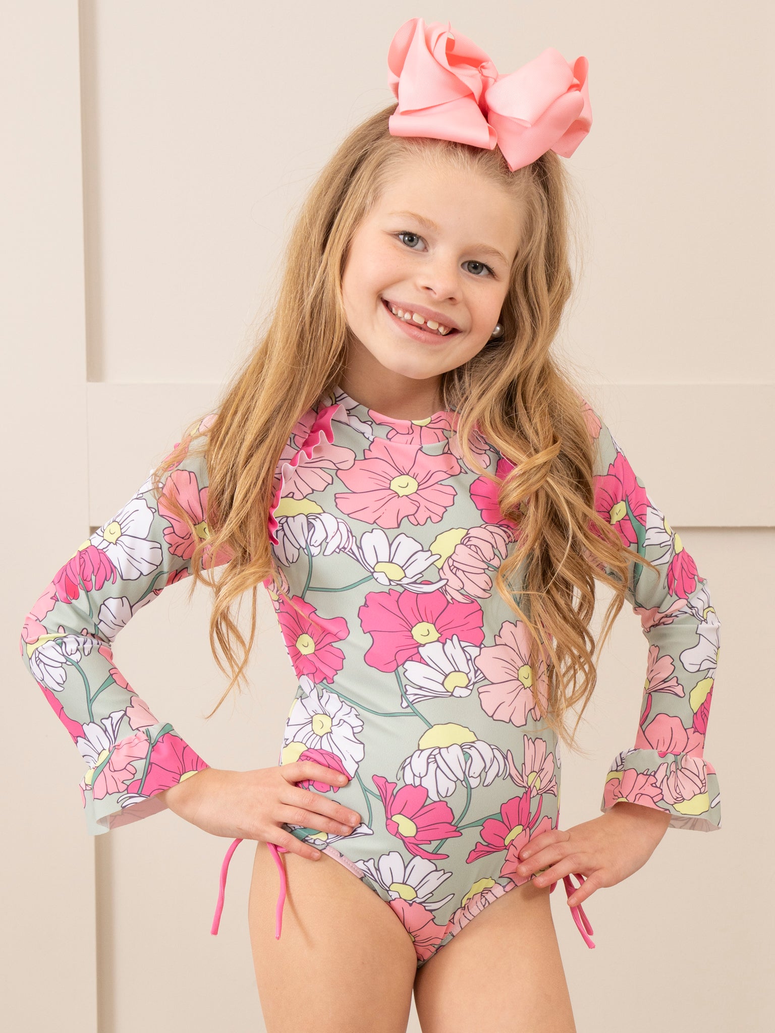 Pink & Green Blossoms Ruffle Swimsuit - Marie Nicole Clothing