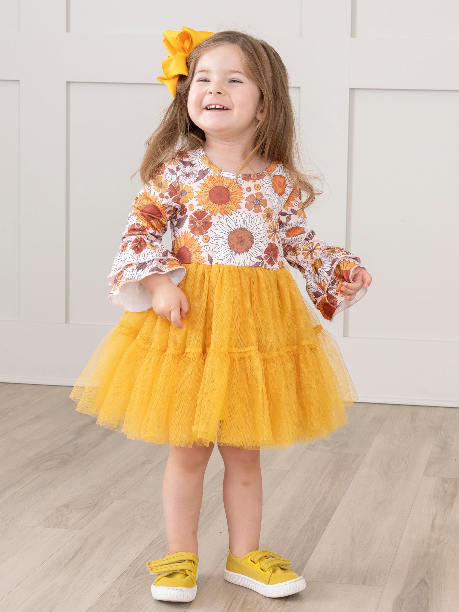 Golden Sunflowers Bell Sleeve Tulle Dress - Marie Nicole Clothing