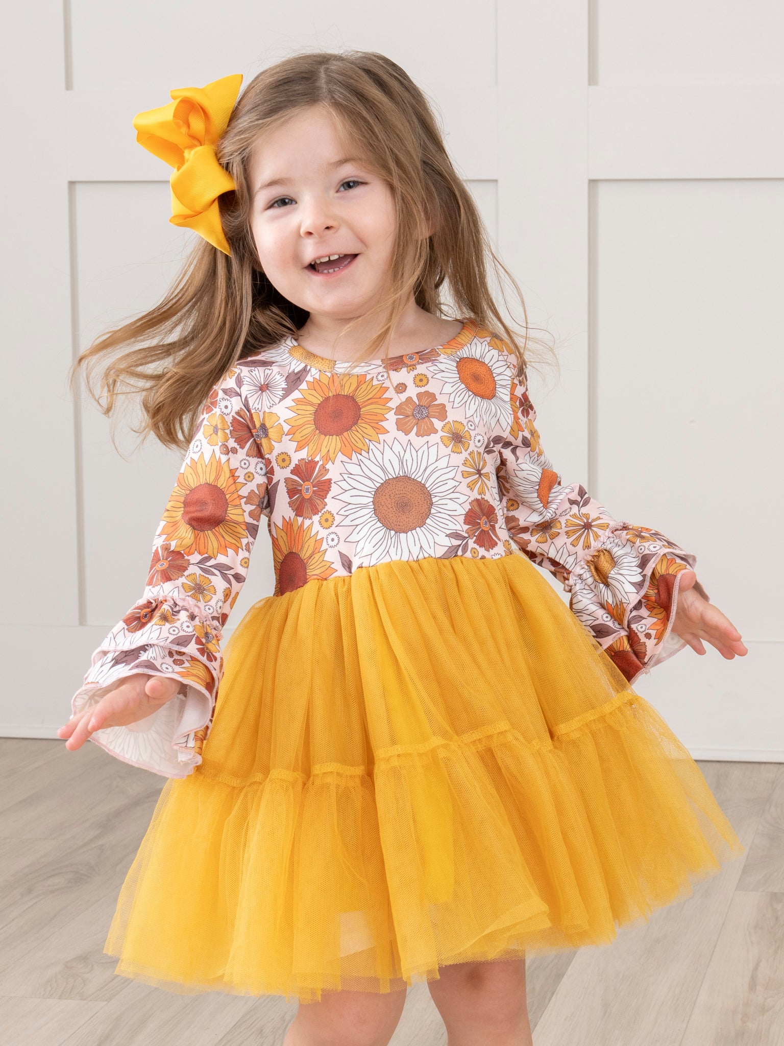 Golden Sunflowers Bell Sleeve Tulle Dress - Marie Nicole Clothing