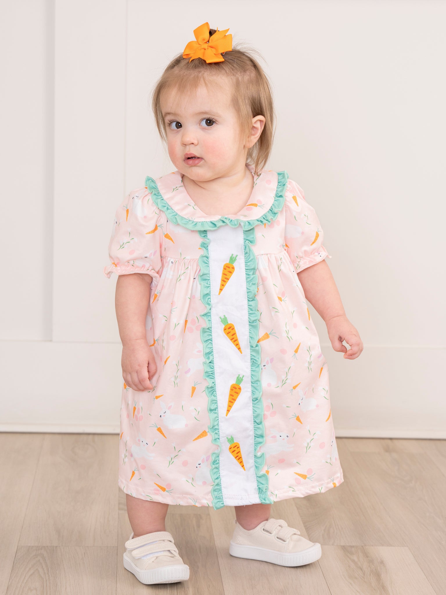 Peach & Green Embroidered Carrots Ruffle Dress - Marie Nicole Clothing