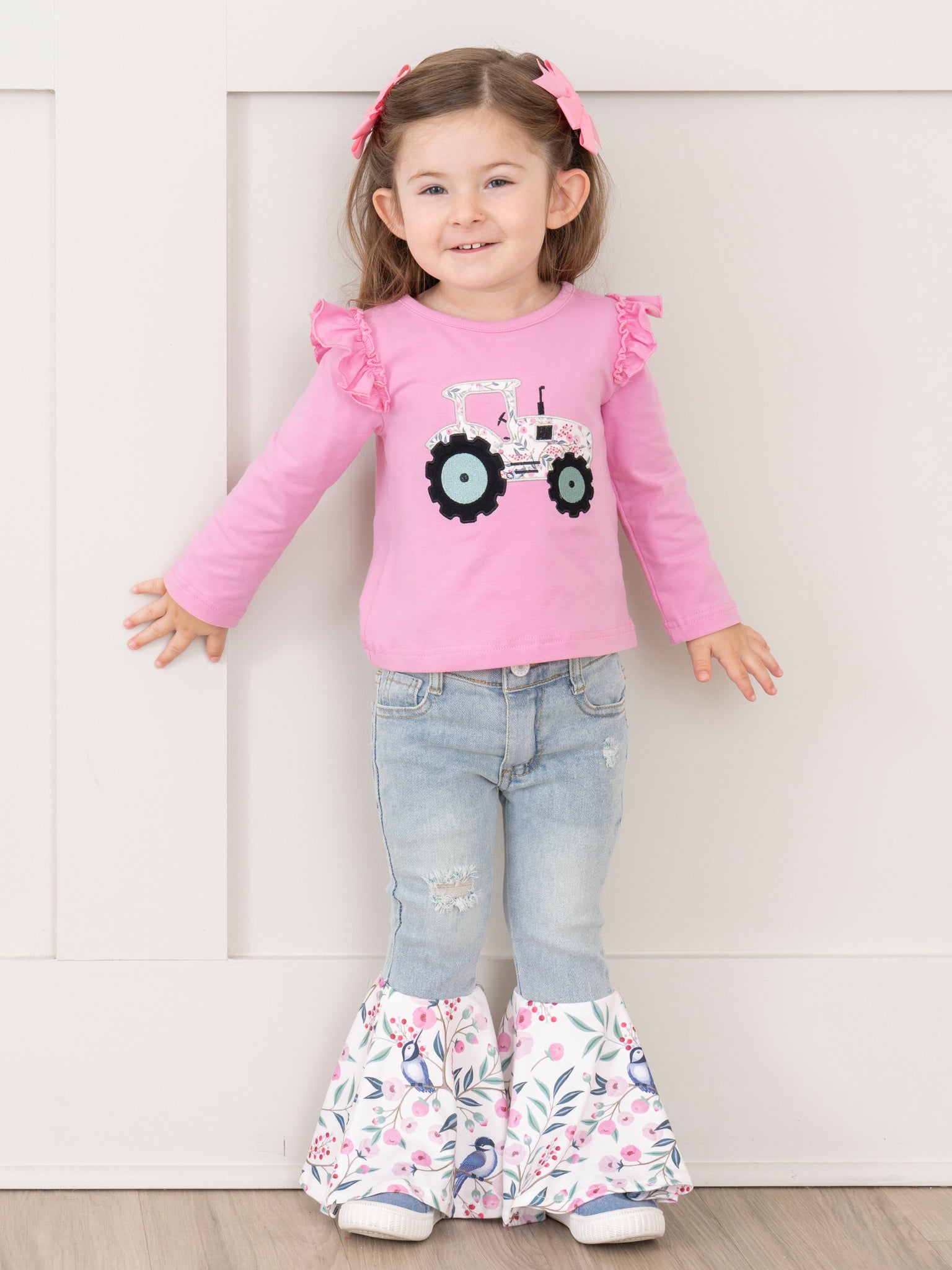 Pink Tractor Blooms Denim Bell Bottoms Outfit - Marie Nicole Clothing