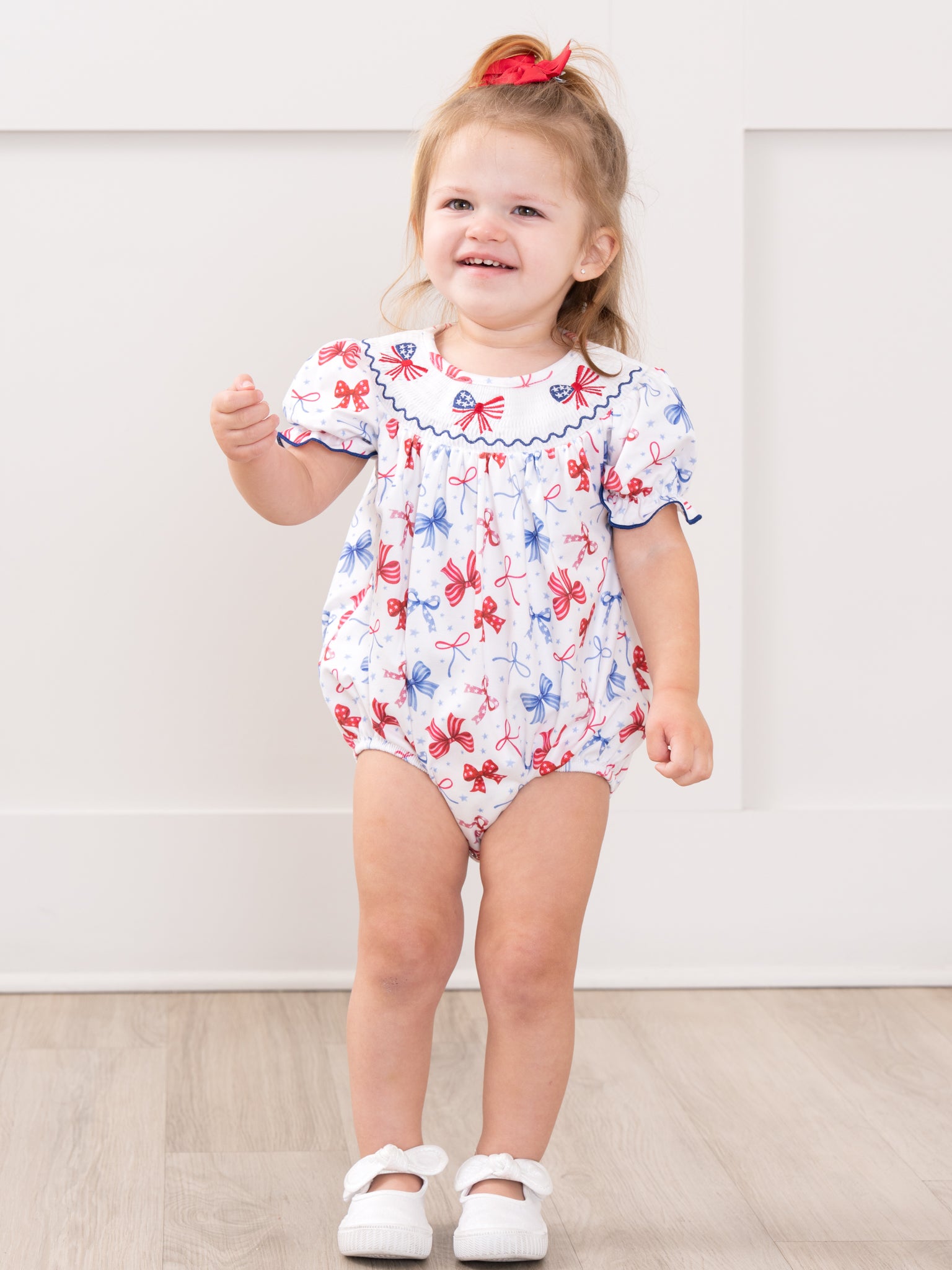 Patriotic Bow Delight Smocked Bubble Romper - Marie Nicole Clothing