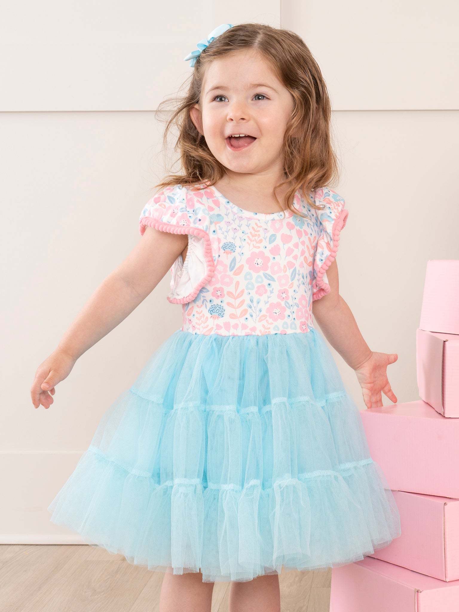Pink & Blue Ditsy Florals Tulle Dress - Marie Nicole Clothing
