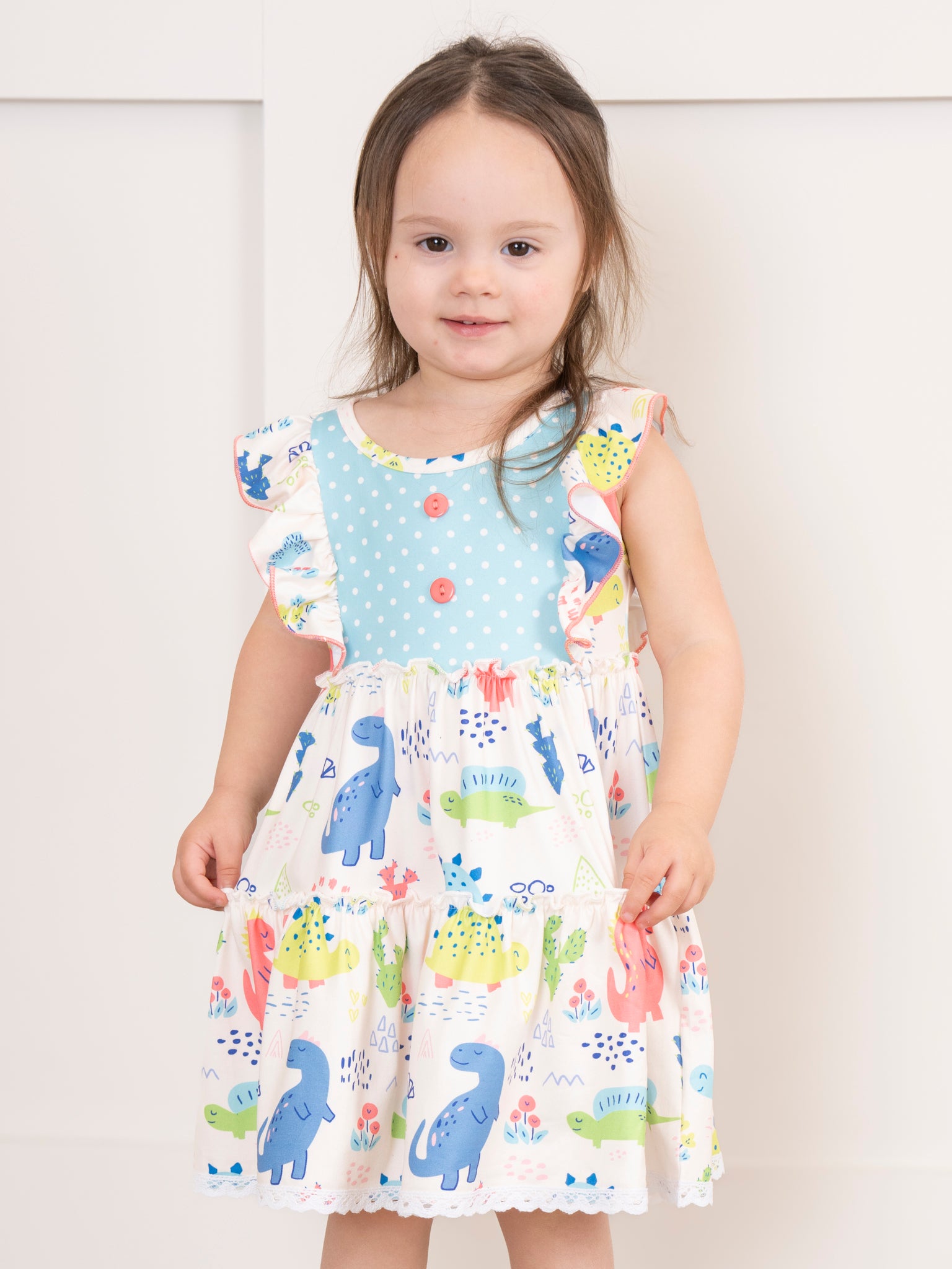 Coral & Teal Dinosaur World Ruffle Dress - Marie Nicole Clothing