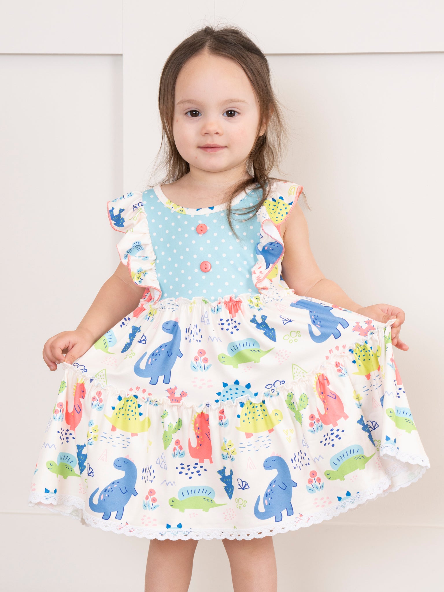 Coral & Teal Dinosaur World Ruffle Dress - Marie Nicole Clothing