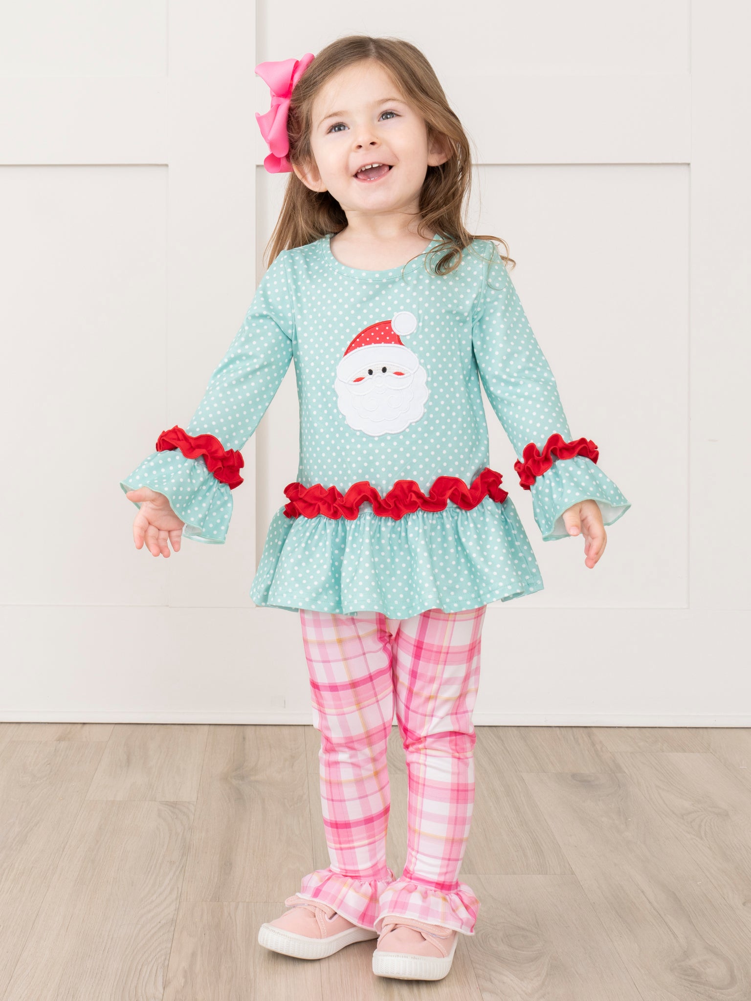 Teal Dots & Pink Plaid Santa Ruffle Outfit - Marie Nicole Clothing