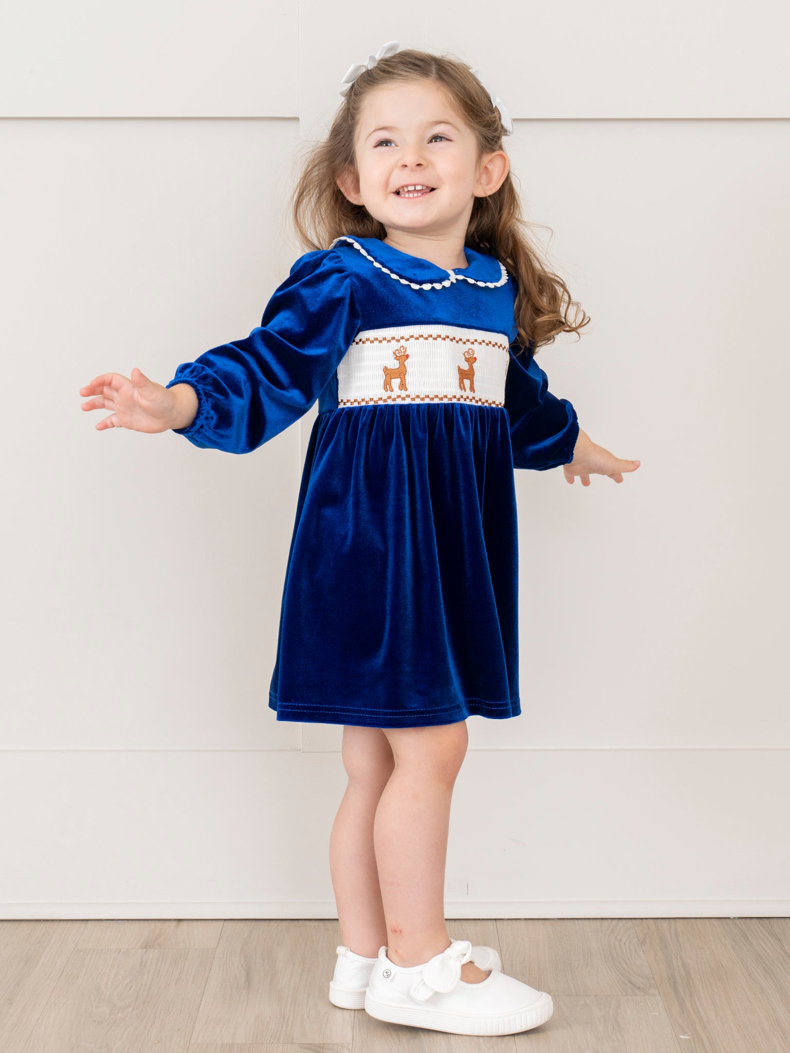 Royal Blue Smocked Reindeer Velvet Dress - Marie Nicole Clothing