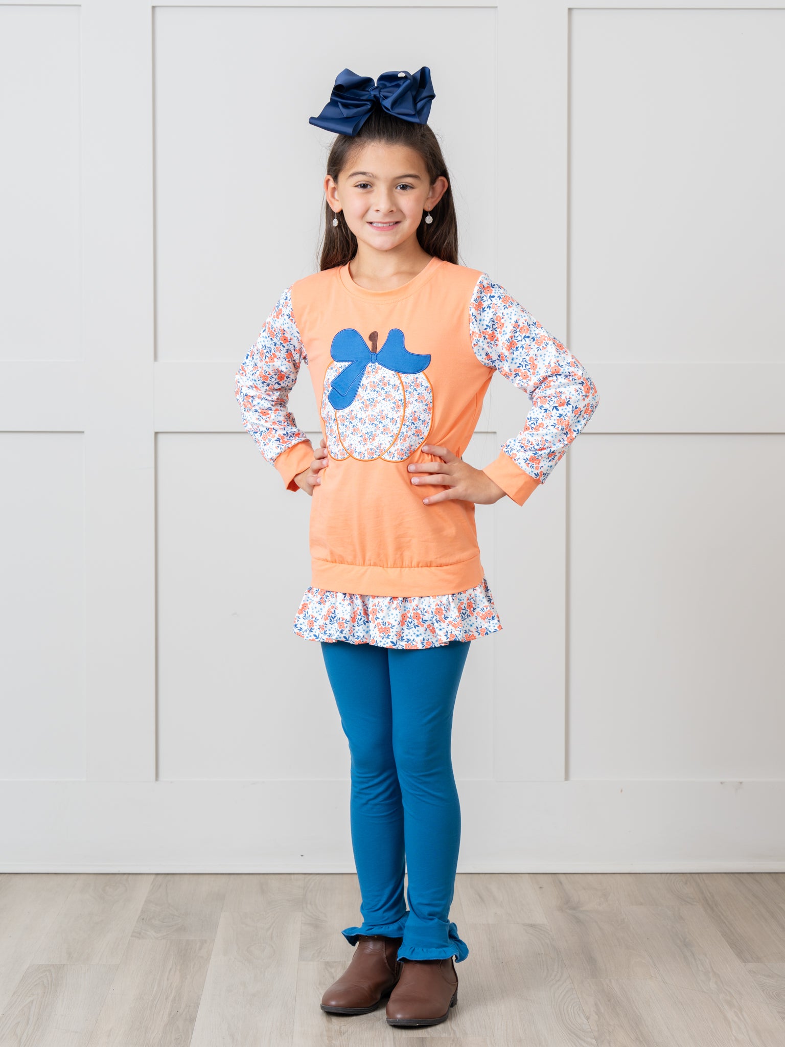 Orange & Navy Floral Pumpkin Ruffle Outfit - Marie Nicole Clothing