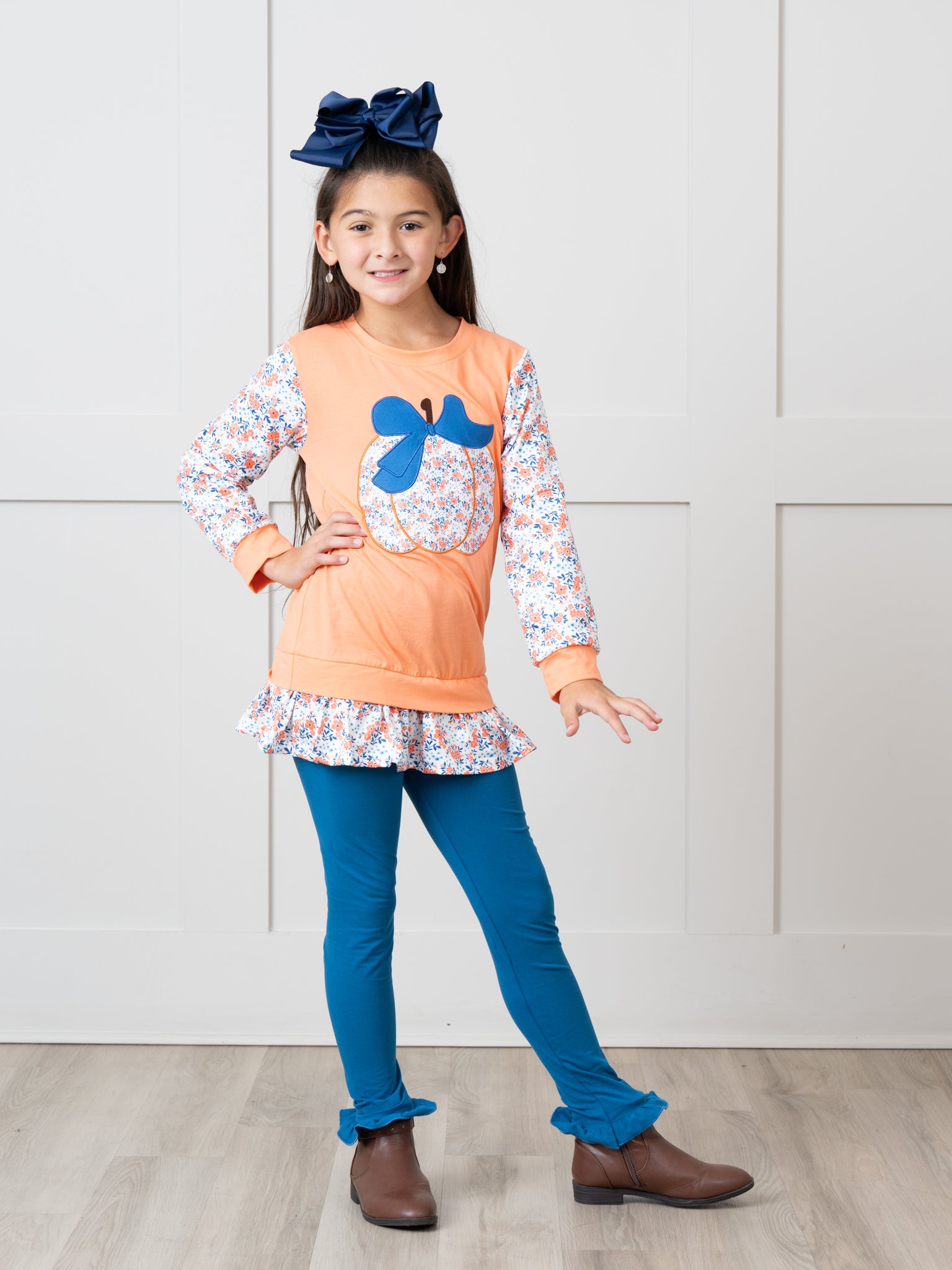 Orange & Navy Floral Pumpkin Ruffle Outfit - Marie Nicole Clothing