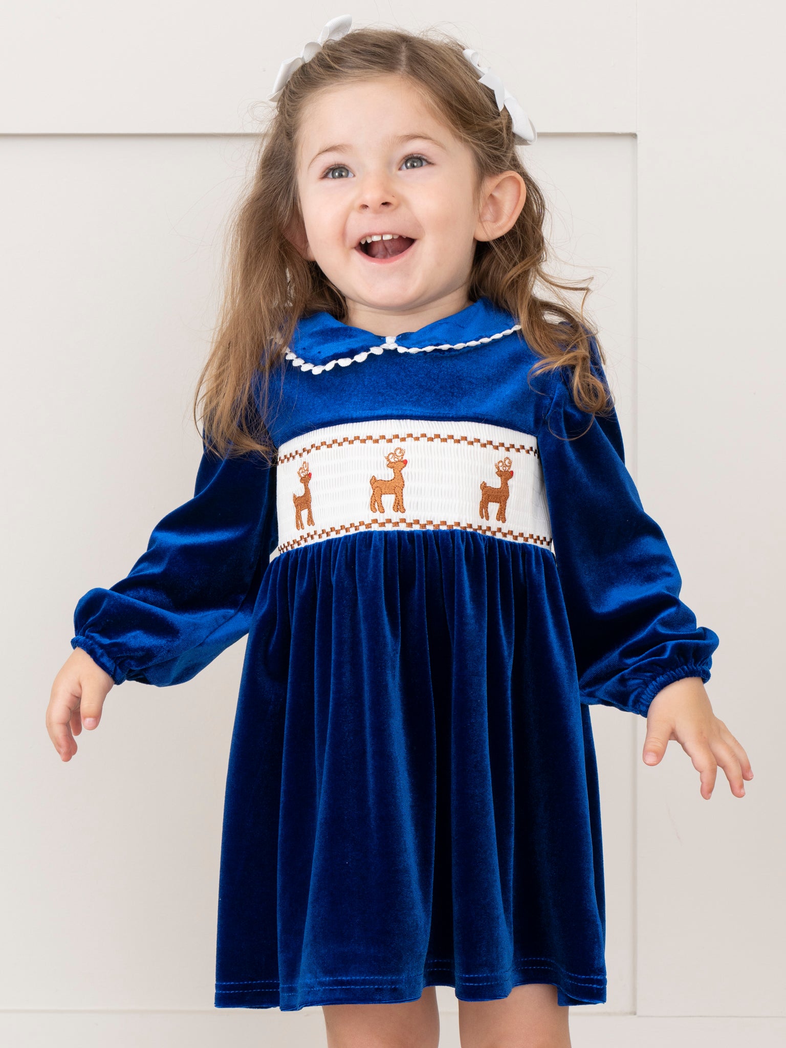 Royal Blue Smocked Reindeer Velvet Dress - Marie Nicole Clothing