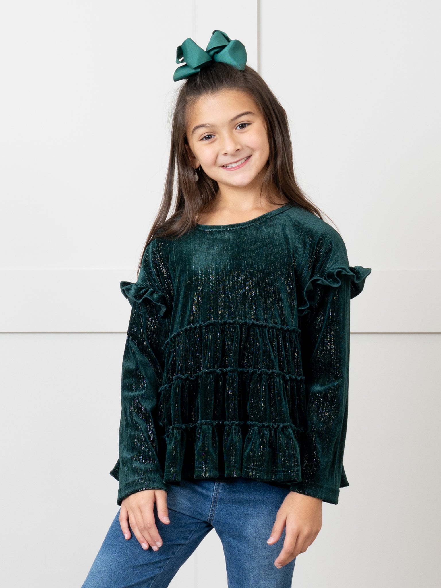 Deep Green Mom & Me Velvet Ruffle Shirt - Marie Nicole Clothing