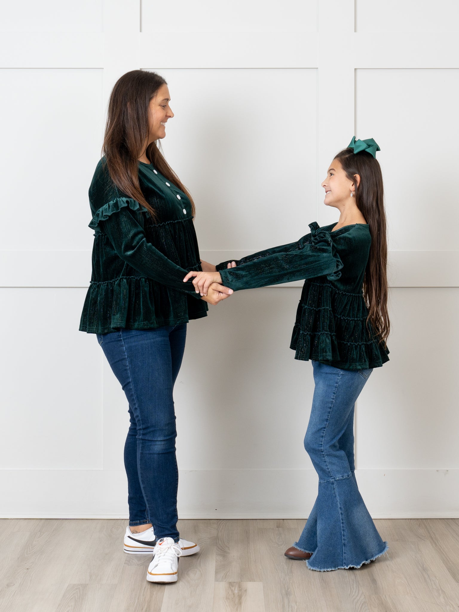 Deep Green Mom & Me Velvet Ruffle Shirt - Marie Nicole Clothing