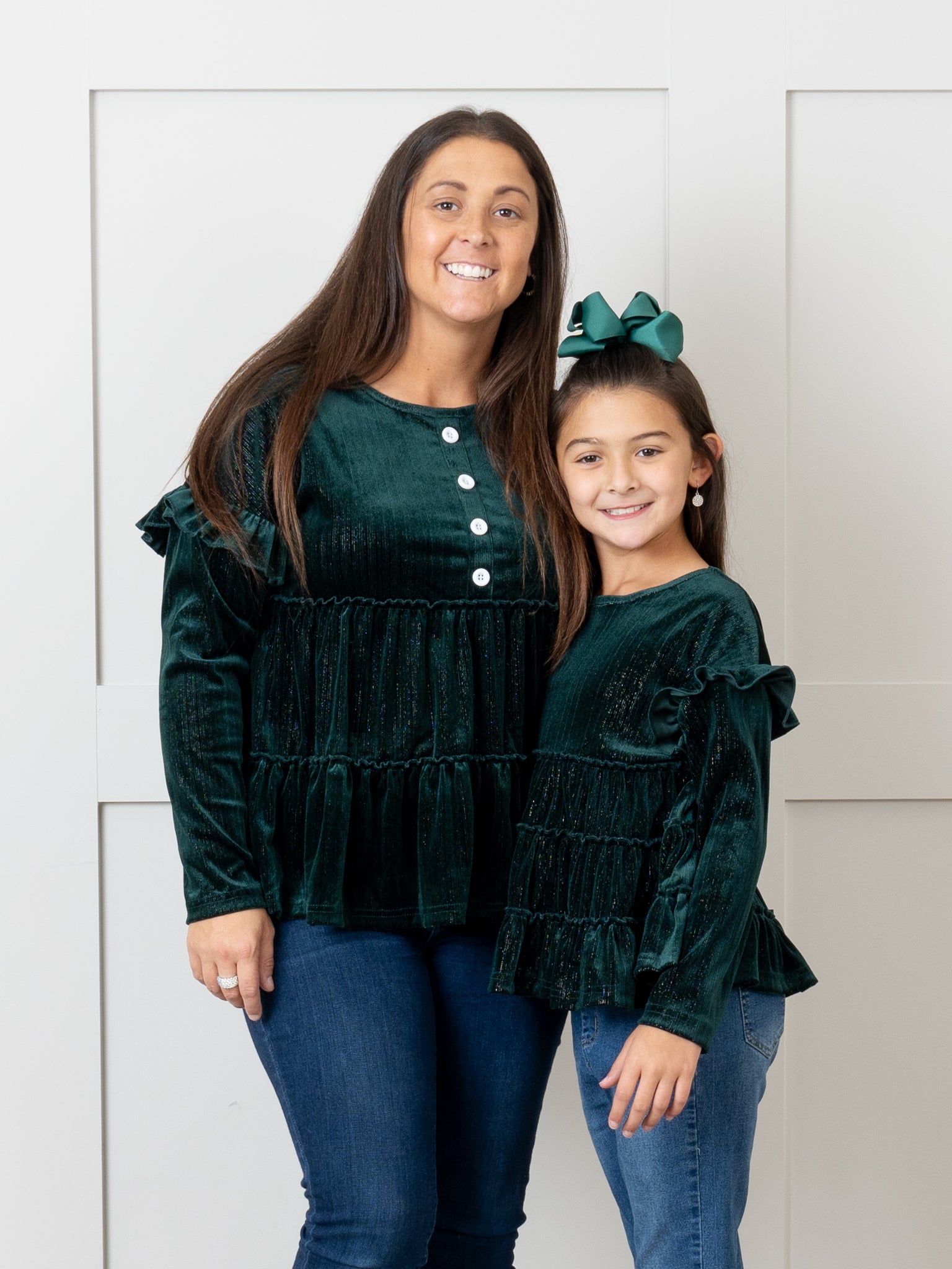 Deep Green Mom & Me Velvet Ruffle Shirt - Marie Nicole Clothing