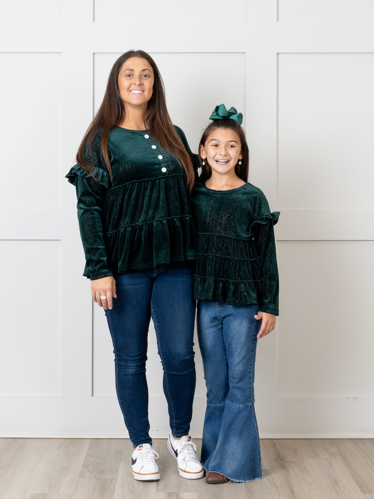Deep Green Mom & Me Velvet Ruffle Shirt - Marie Nicole Clothing